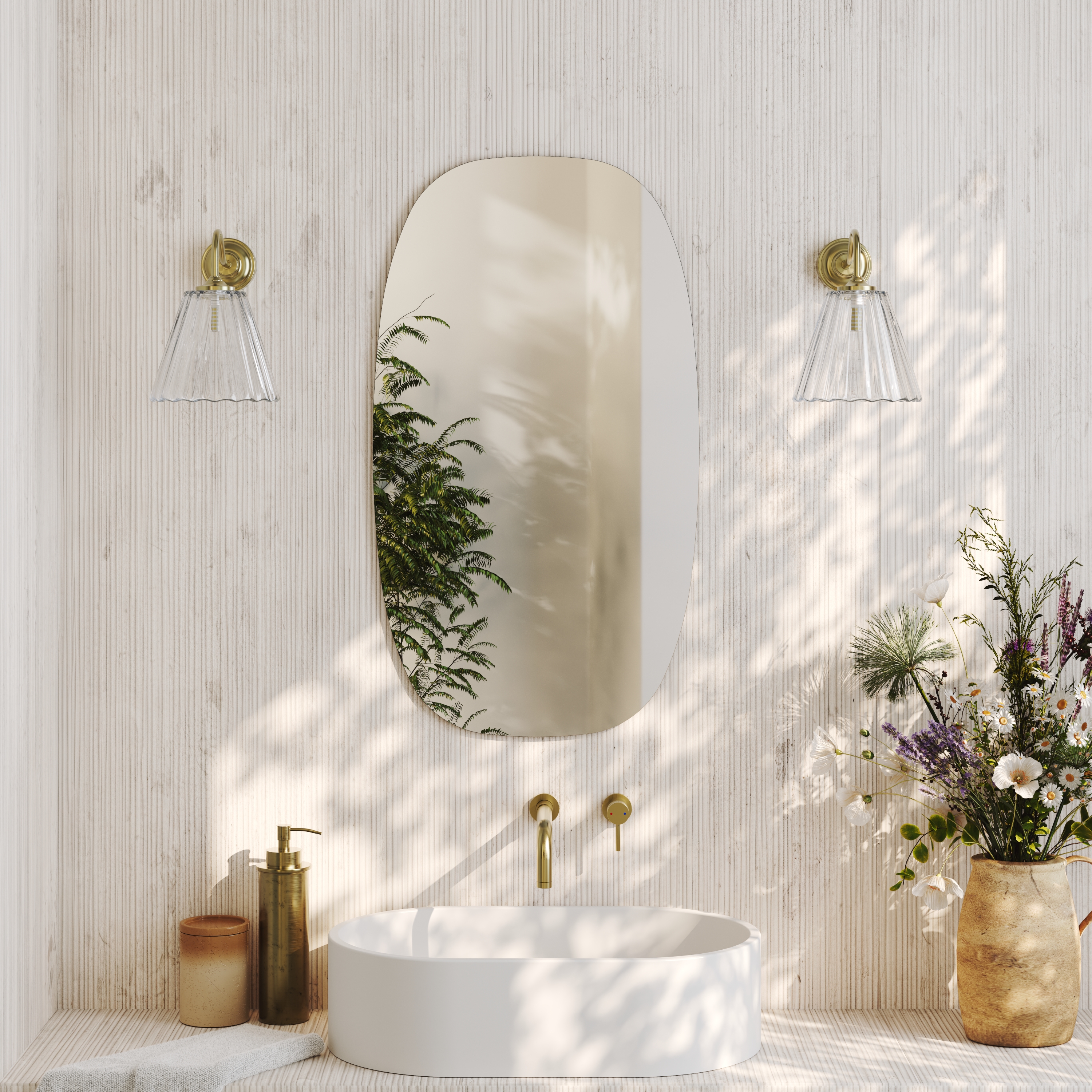 Arc Barrel Mirror with Set Of 2 Fluted Glass Wall Shade Lights