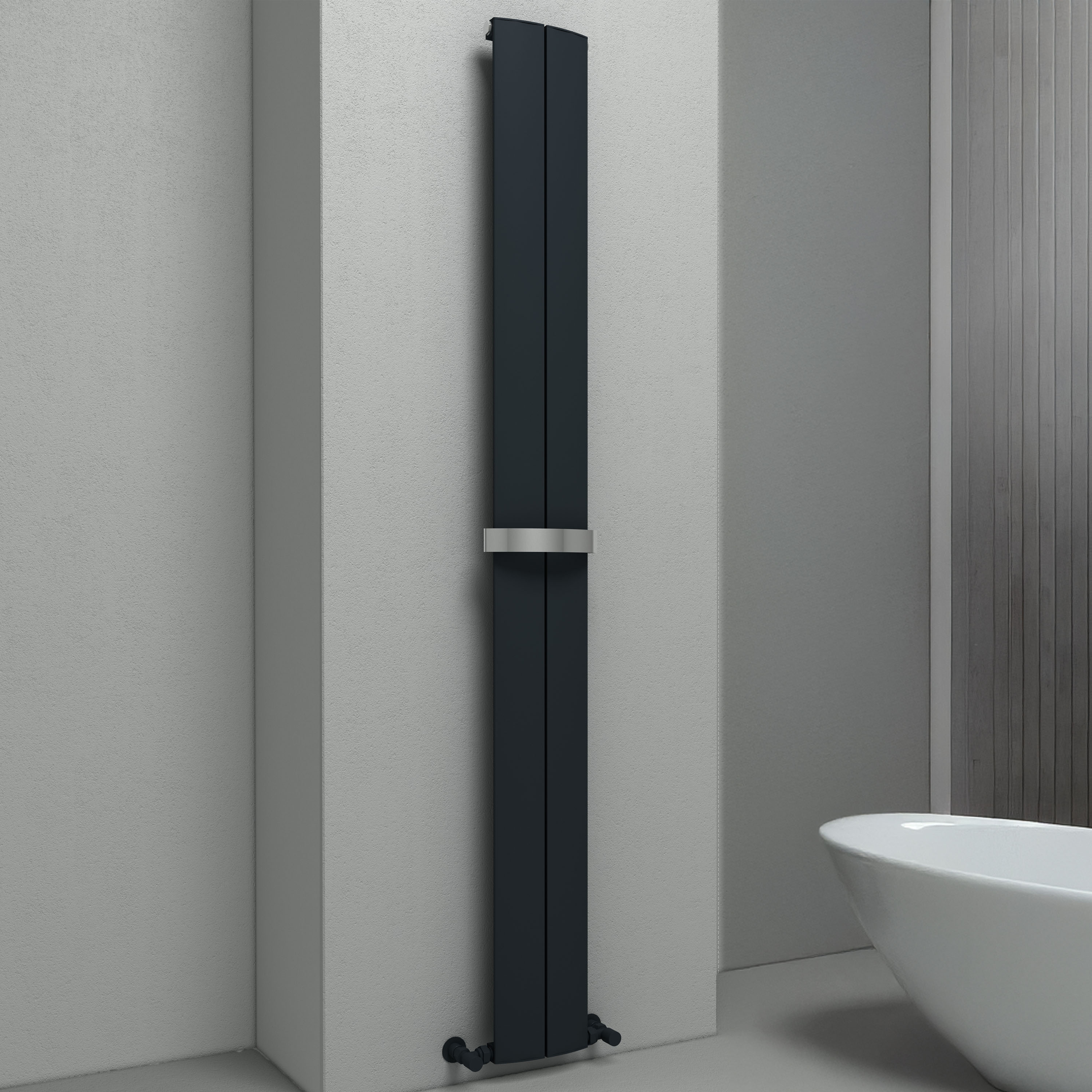 Carisa Play Bath Curved Panel Vertical Aluminium Heated Towel Rail