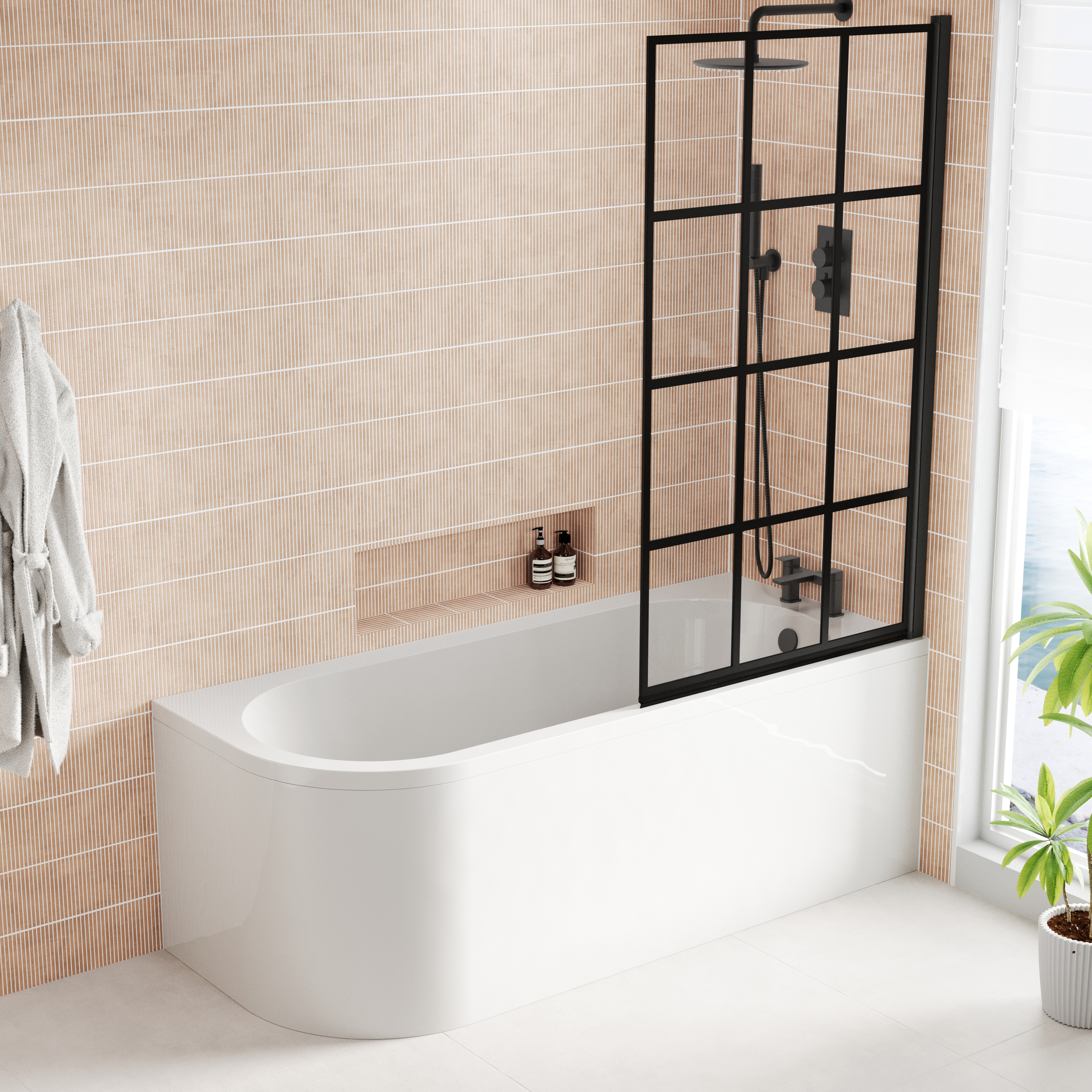 Armourcast Reinforced J Shaped Shower Bath with Panel & Matt Black Shower Screen - 1700mm