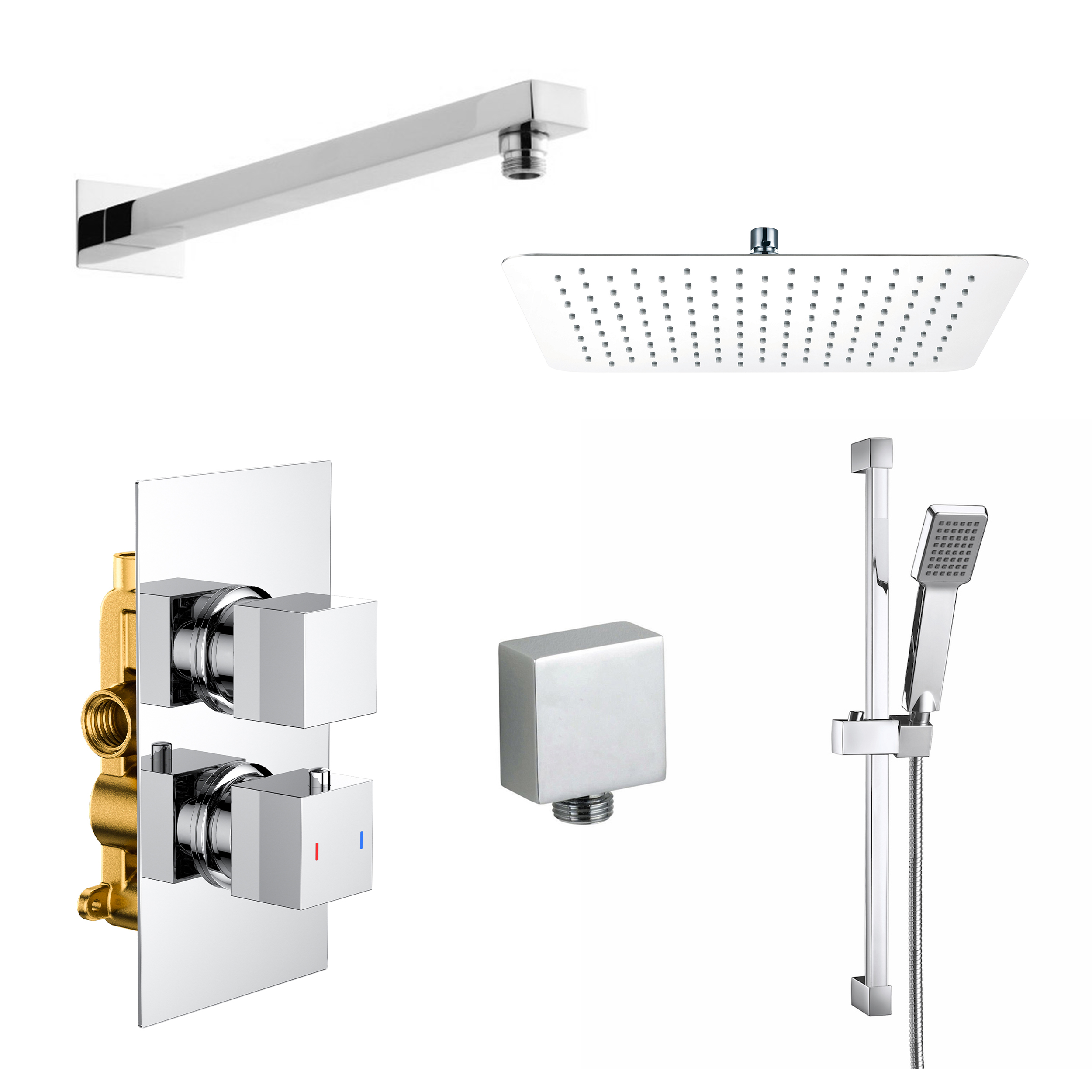 Drew Square Concealed Shower Valve with Fixed Head & Slide Rail Kit