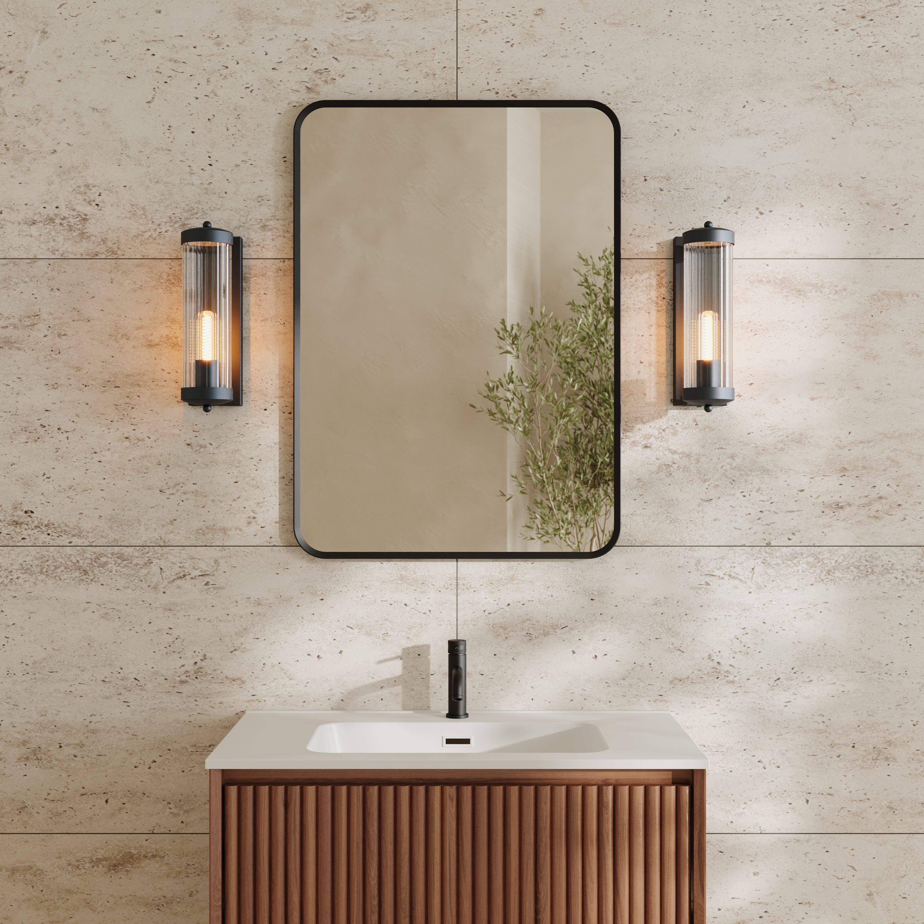 Finn Matt Black Framed Mirror with Set Of 2 Fluted Lantern Wall Lights