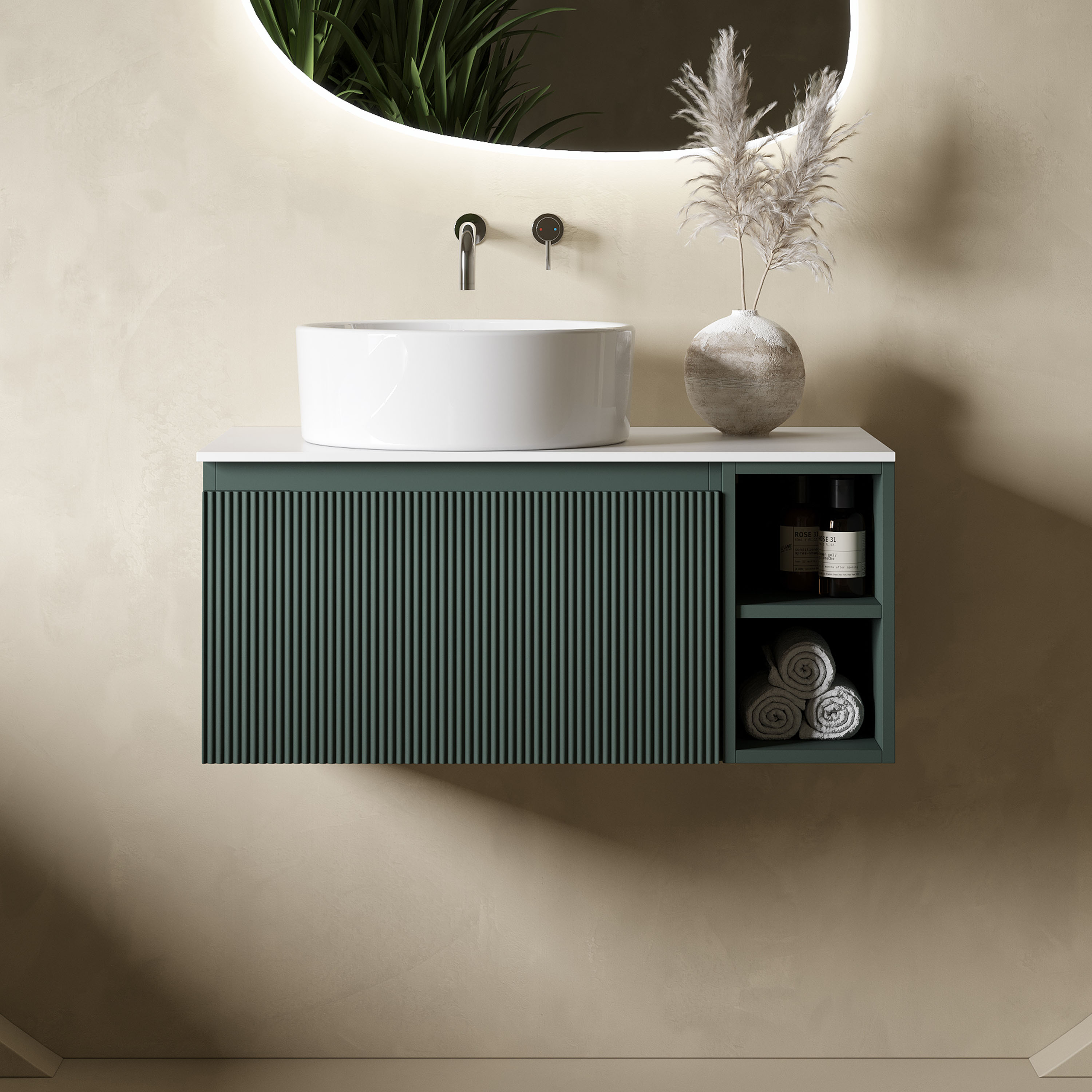 Drench Groove 800mm Fluted Wall Hung Vanity Unit with Open Shelves & Sintered Stone Countertop