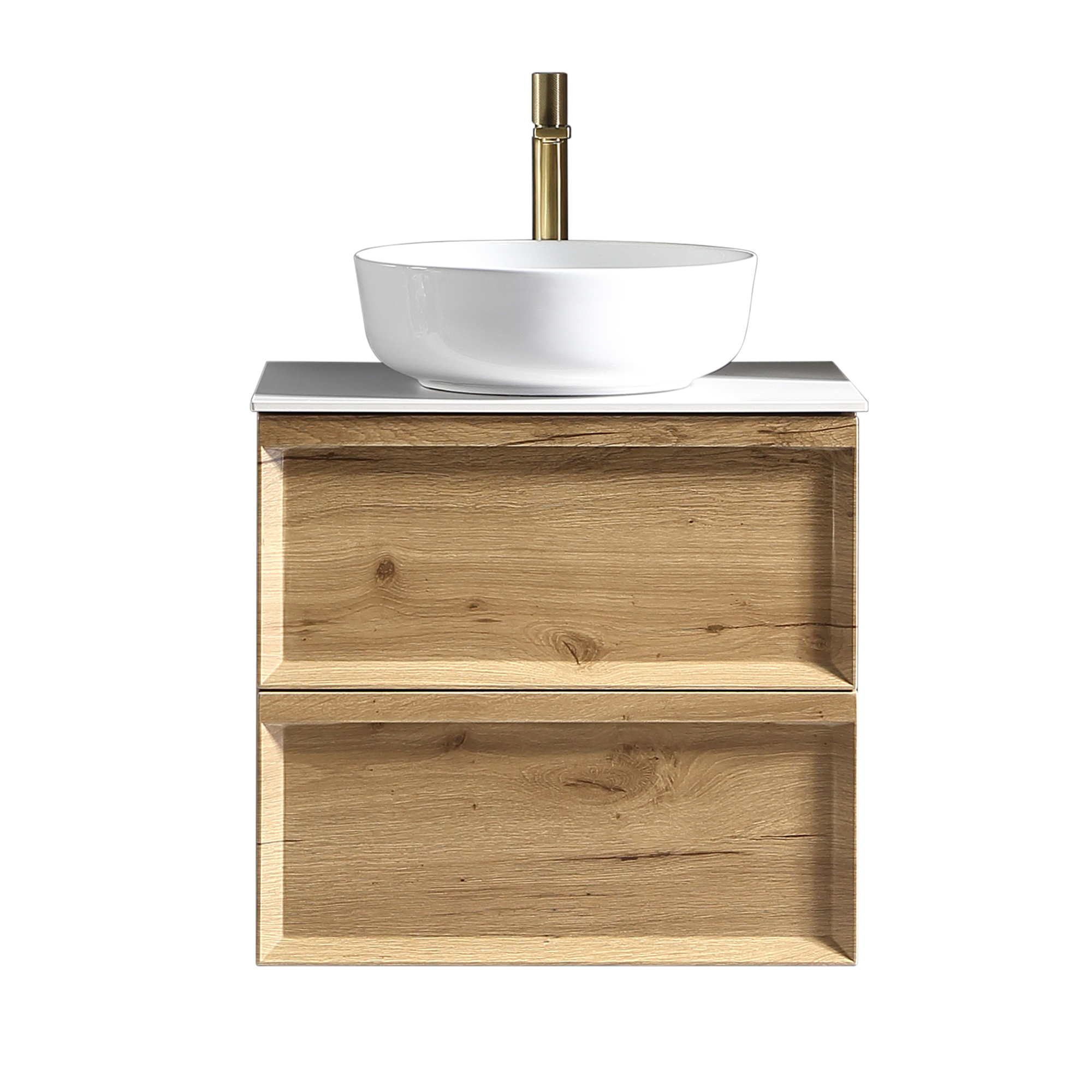 Aura 600mm Wall Mounted Natural Oak Vanity Unit & Sintered Stone Countertop