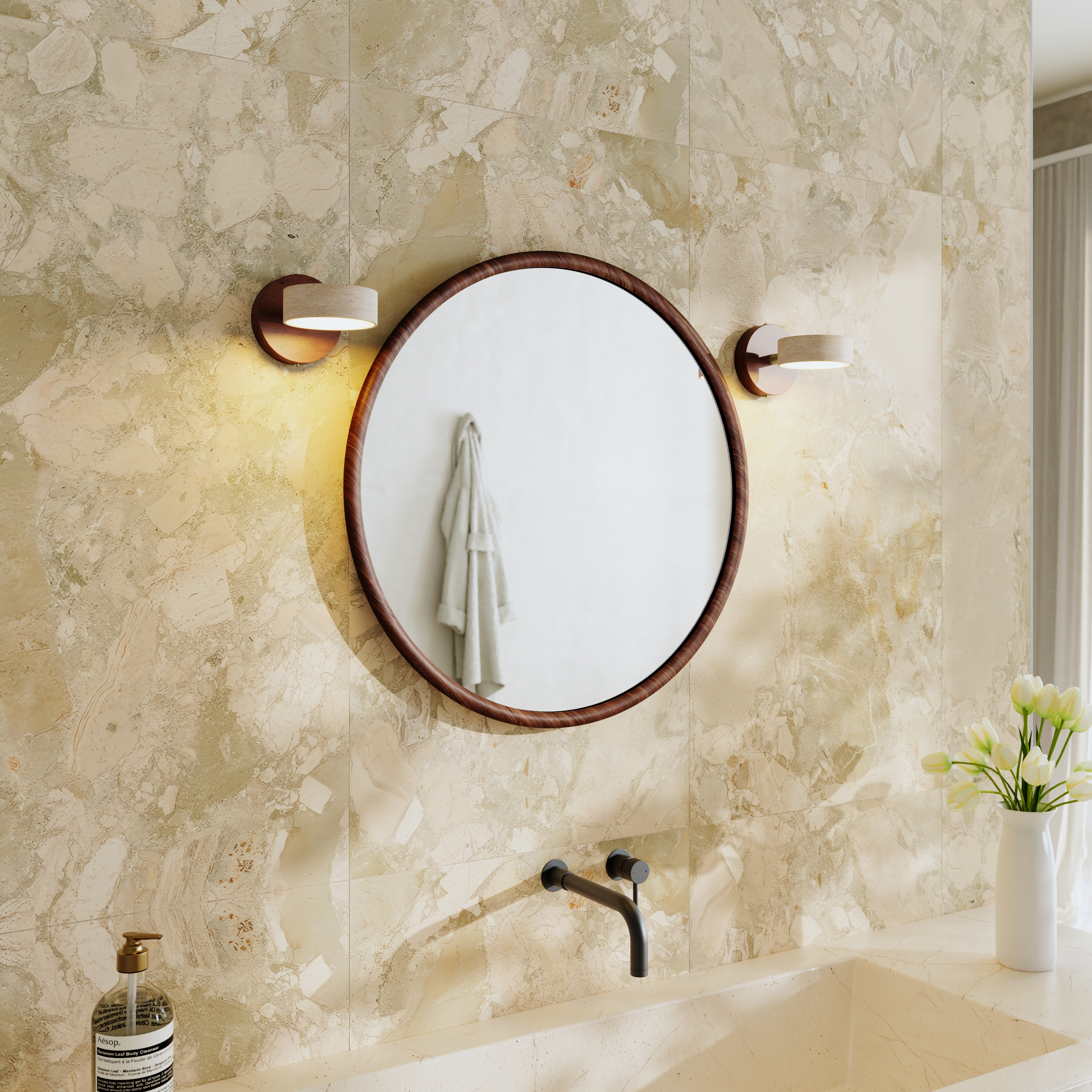 Alfie Wood Framed Mirror with Set Of 2 Stone Spot Lights in Dark Wood
