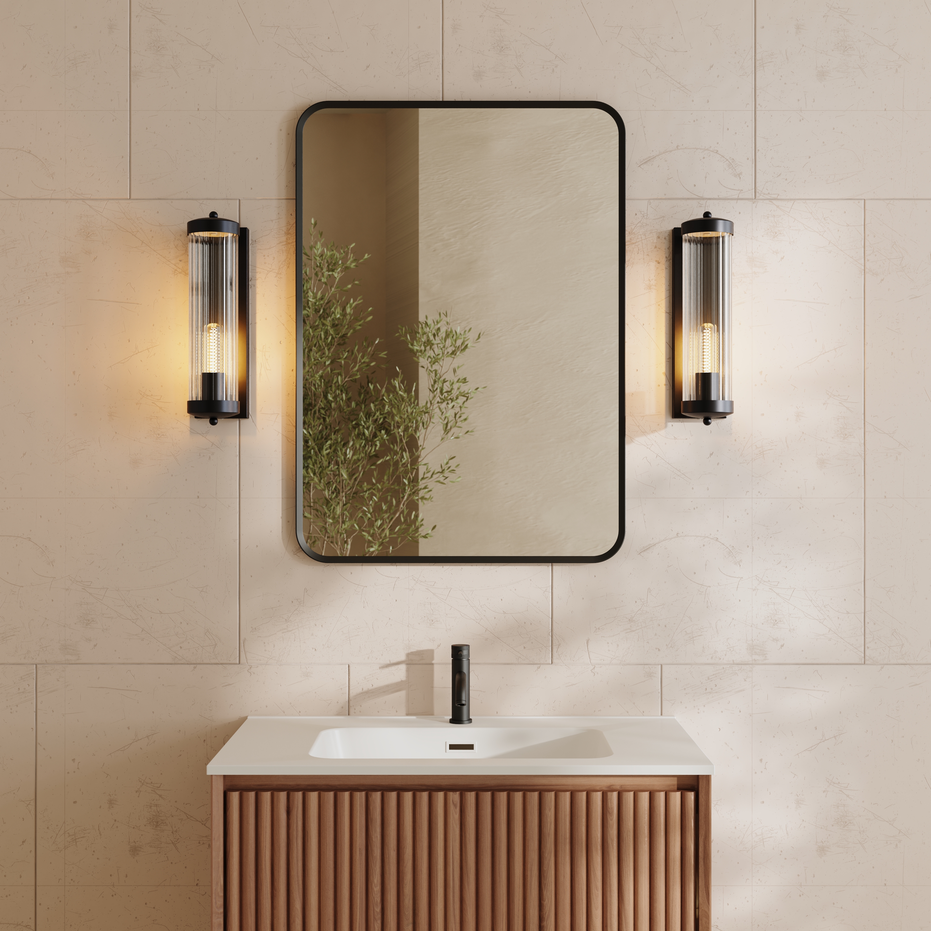 Finn Matt Black Framed Mirror with Set Of 2 Fluted Lantern Wall Lights