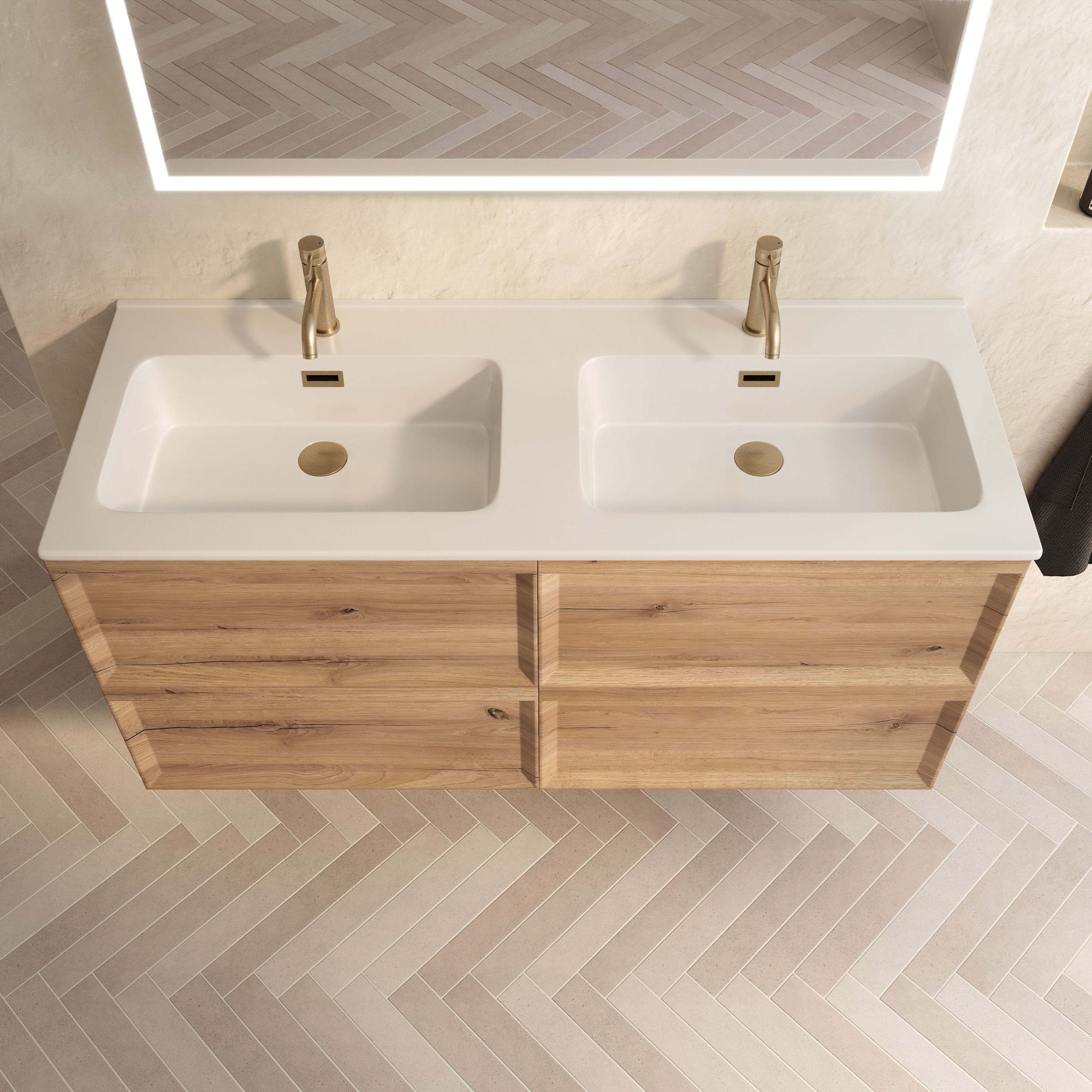 Aura 1200mm Wall Mounted Natural Oak Vanity Unit & Matt White Double Basin
