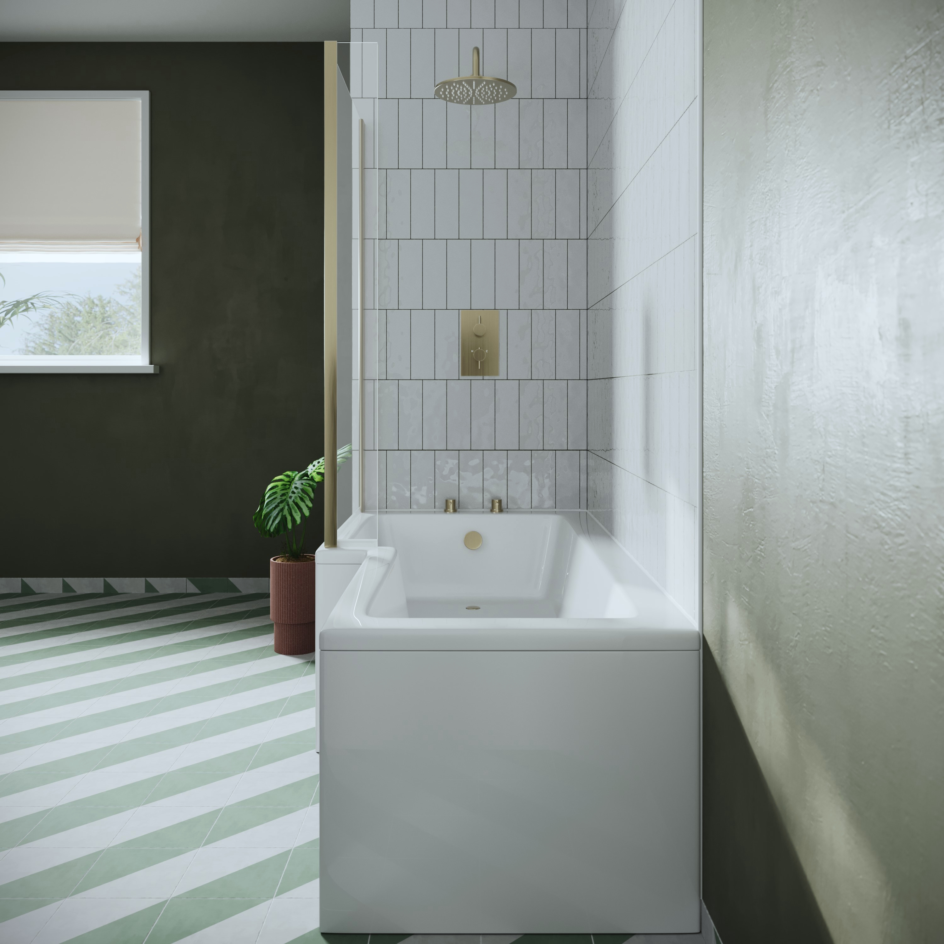 Drench L Shaped Shower Bath with Brushed Brass Shower Screen & Panel - 1700mm