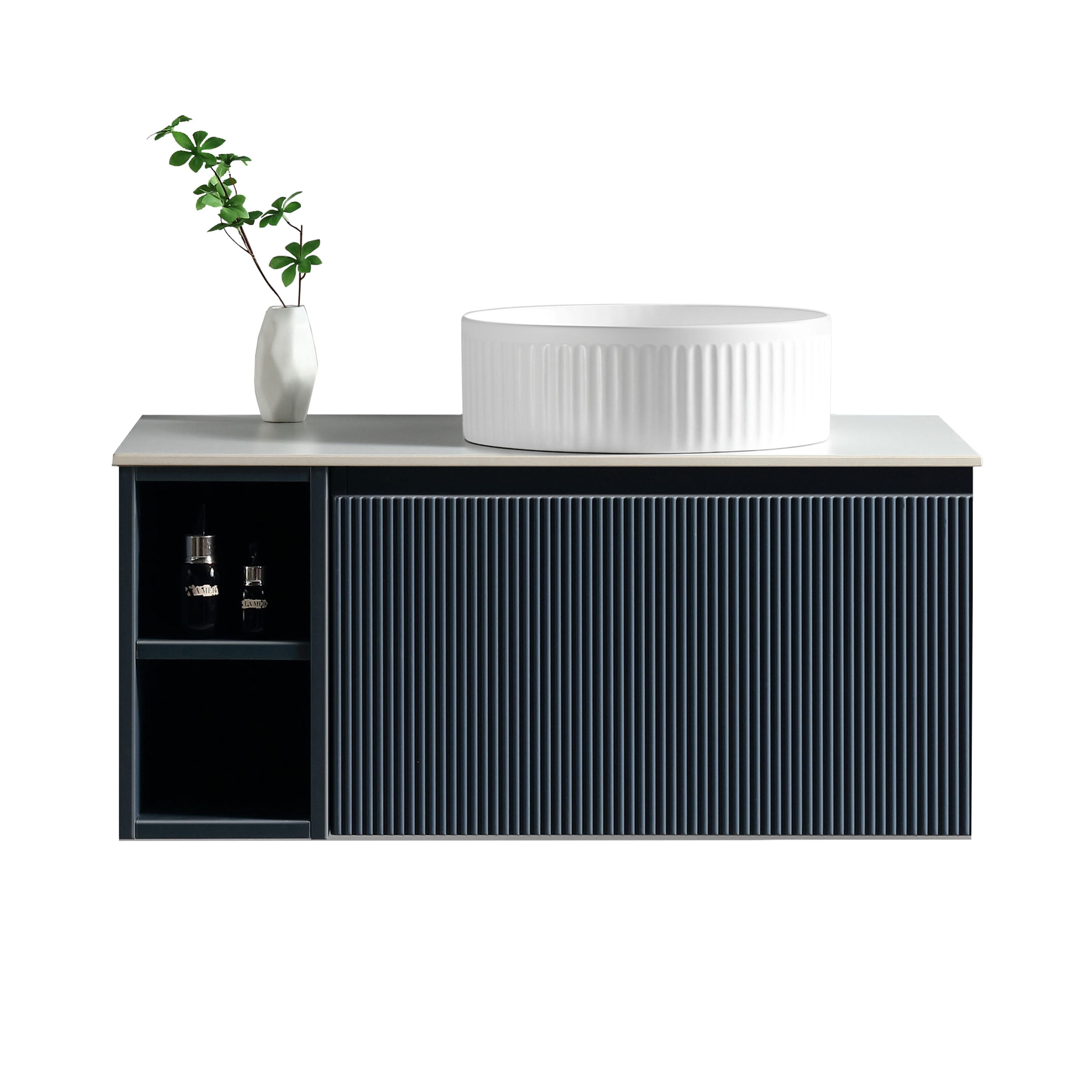 Drench Groove 800mm Fluted Wall Hung Vanity Unit with Open Shelves & Sintered Stone Countertop