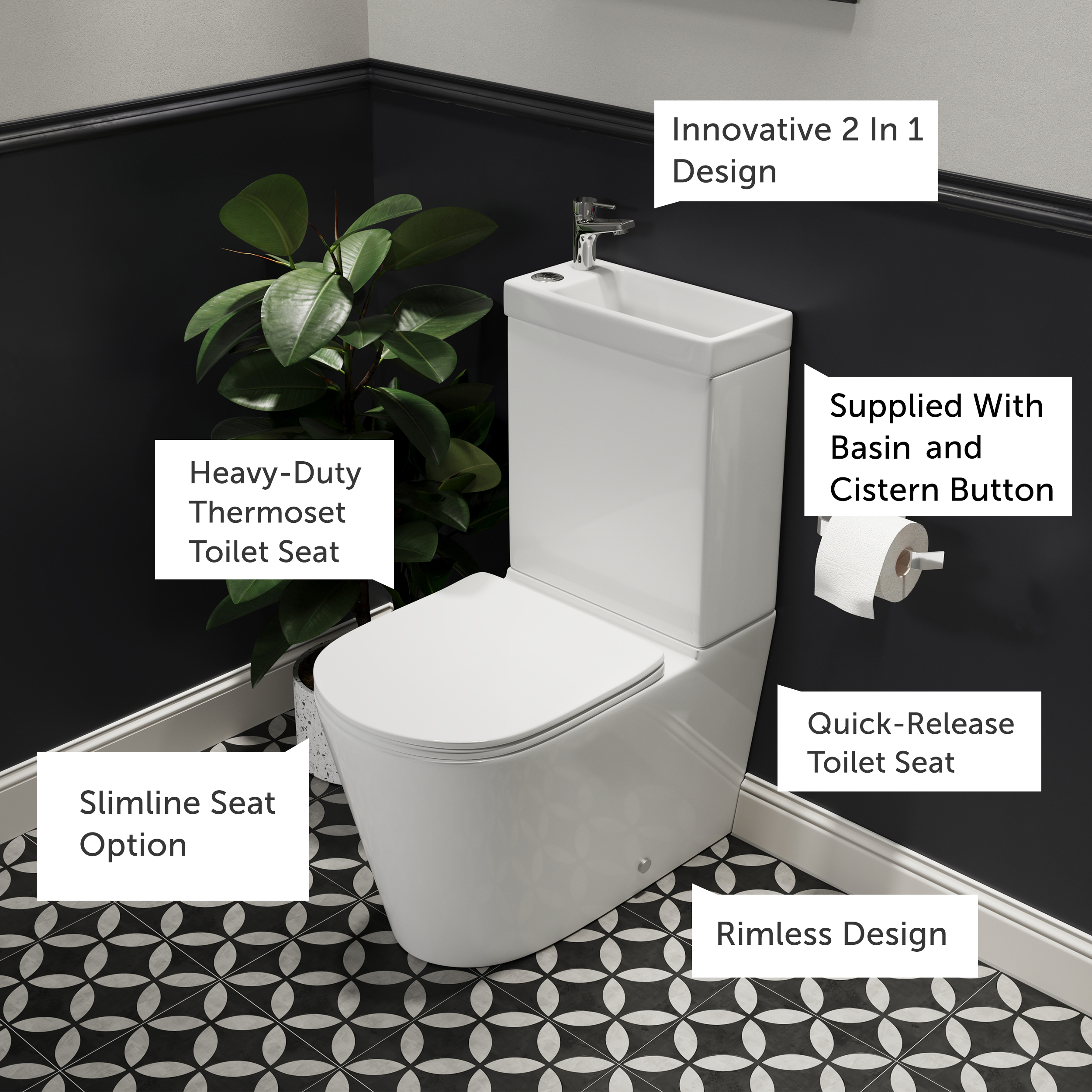 Harbour Clarity 2 in 1 Wash Basin & Close Coupled Closed Back Toilet with Soft Close Seat