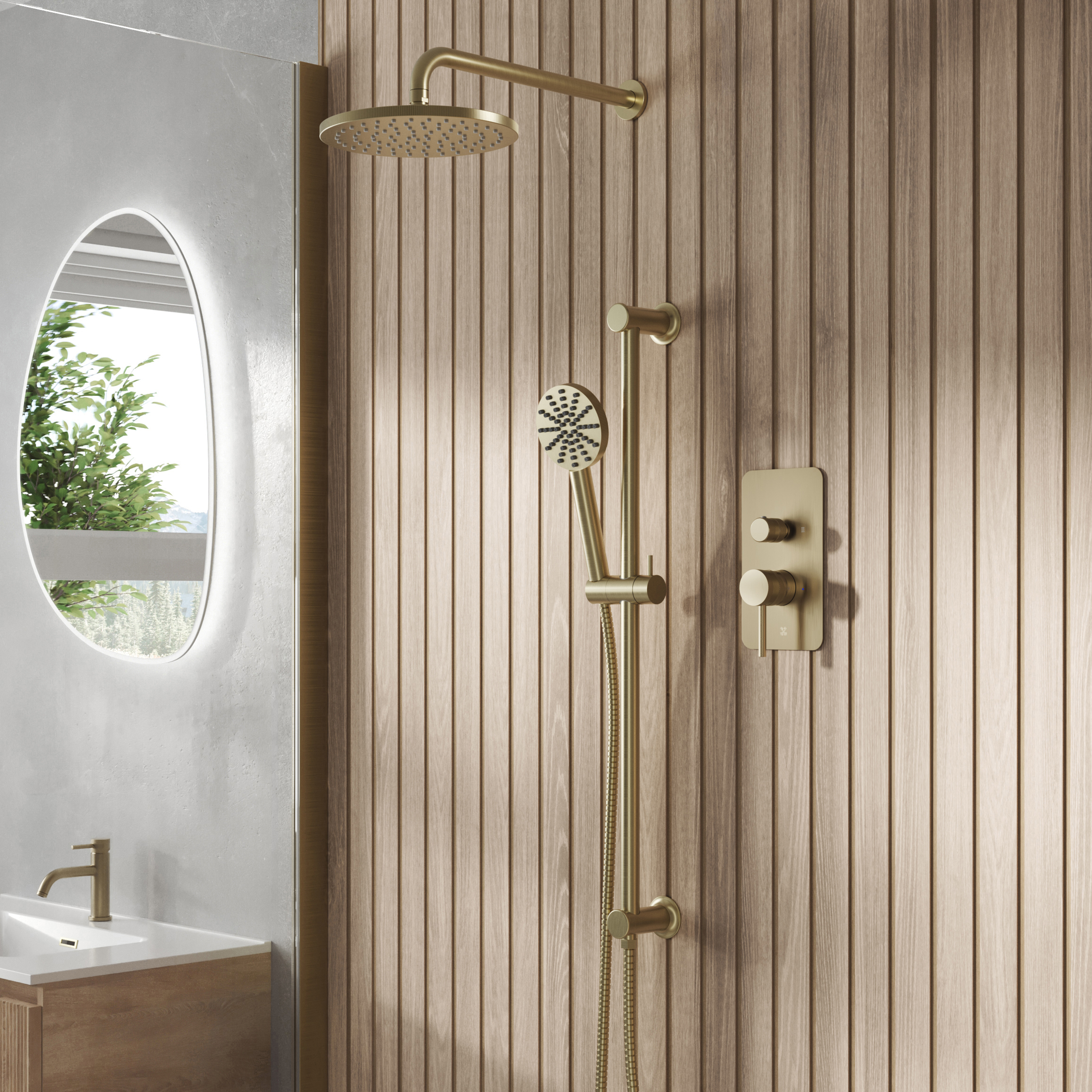 Core Shower Package with 2 Outlet Manual Valve, Fixed Wall Mounted Shower Head & Fluted Handset Slide Rail Kit