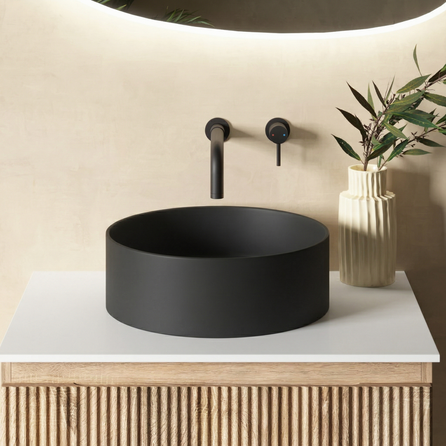 Sophia Matt Black Round Countertop Basin - 355mm | Drench