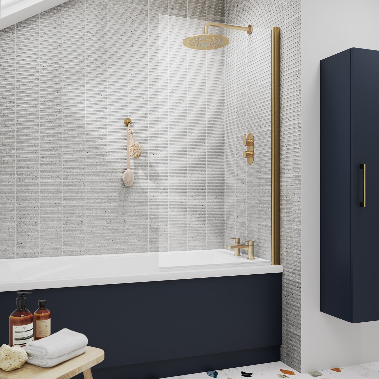 Vellamo Brushed Brass Square Corner Hinged Bath Screen - 1430 x 775mm