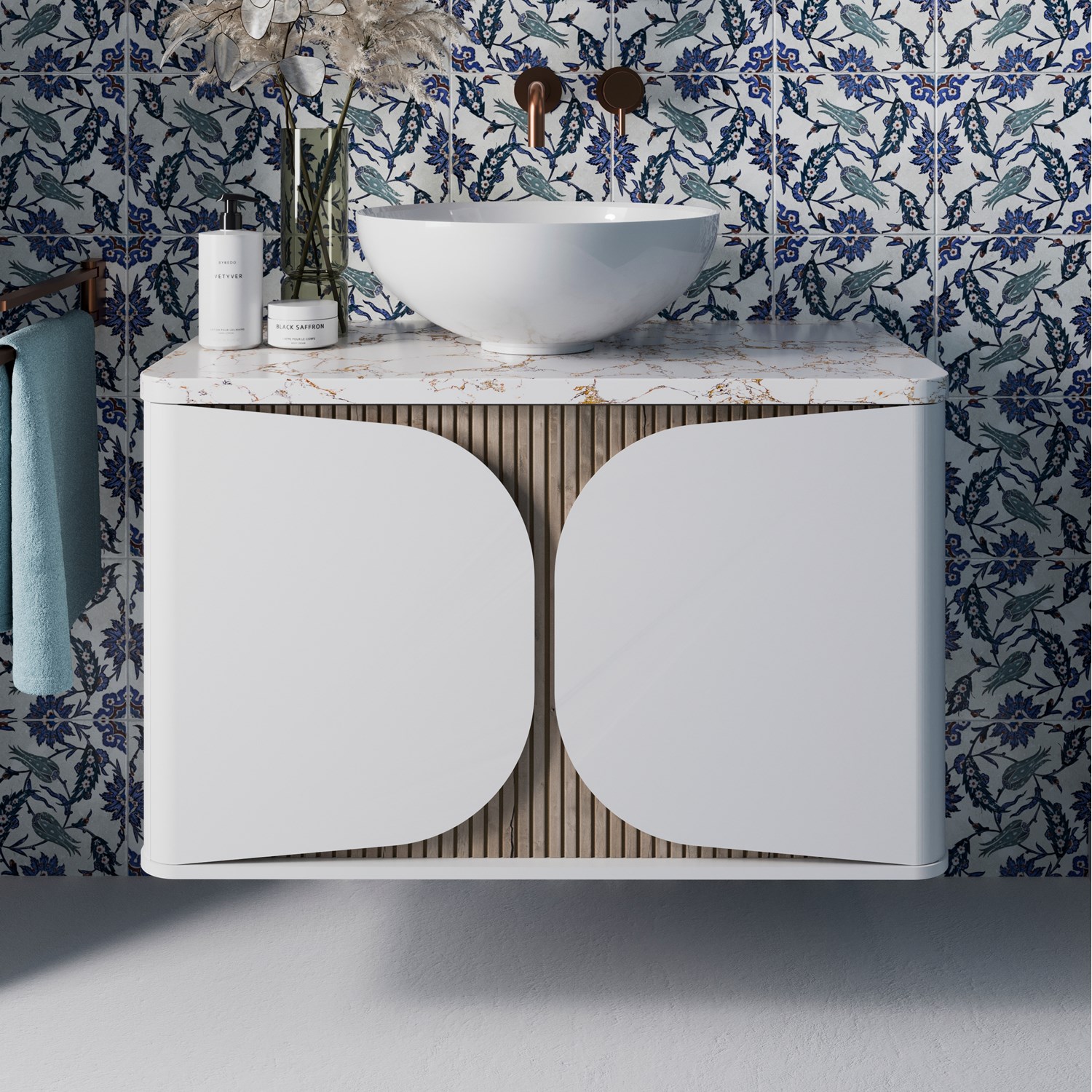 Crosswater Tambour 800mm Wall Mounted Single Drawer Vanity Unit & Gold Vein Estatuario