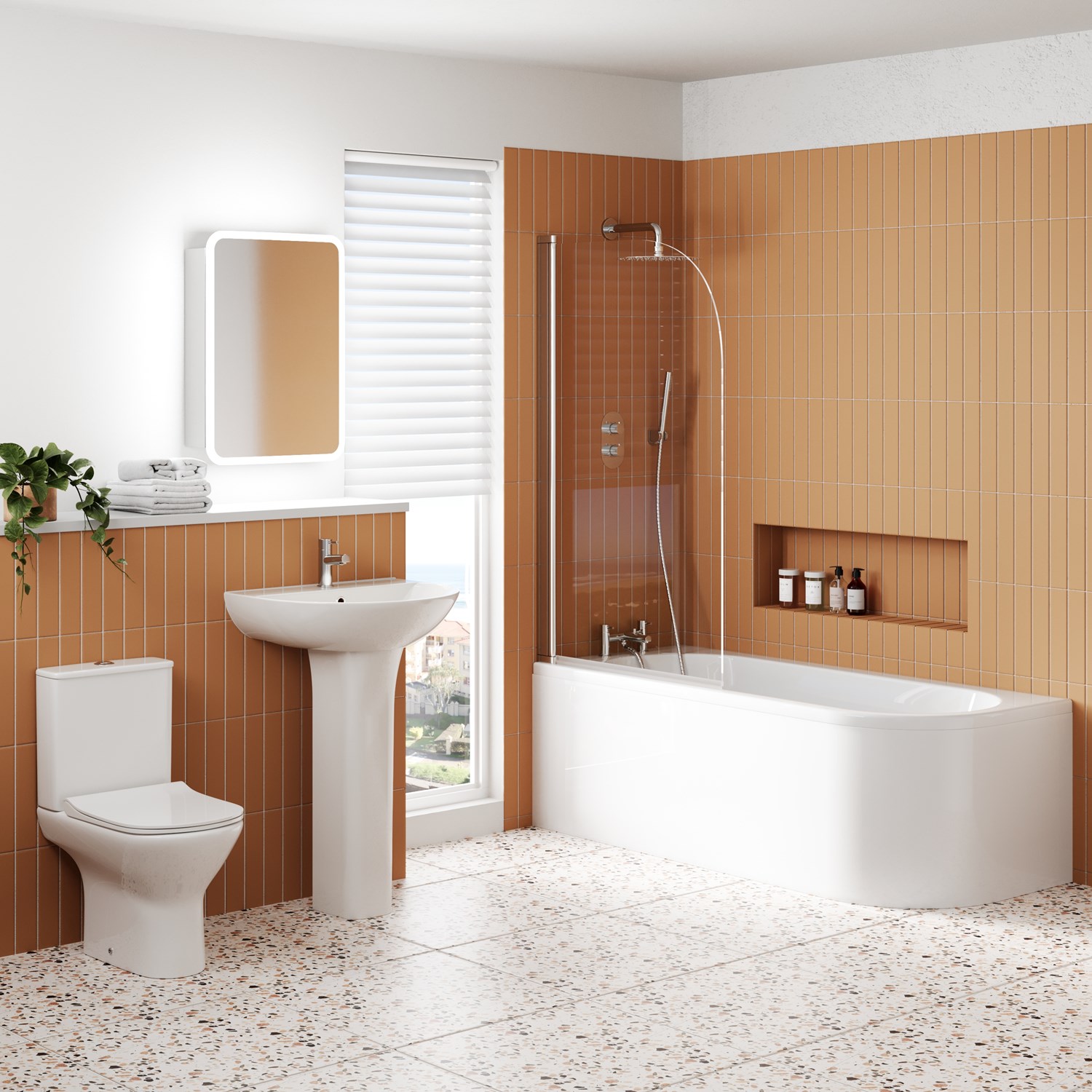Acclaim 1700mm J Shaped Shower Bath Suite Rimless Toilet