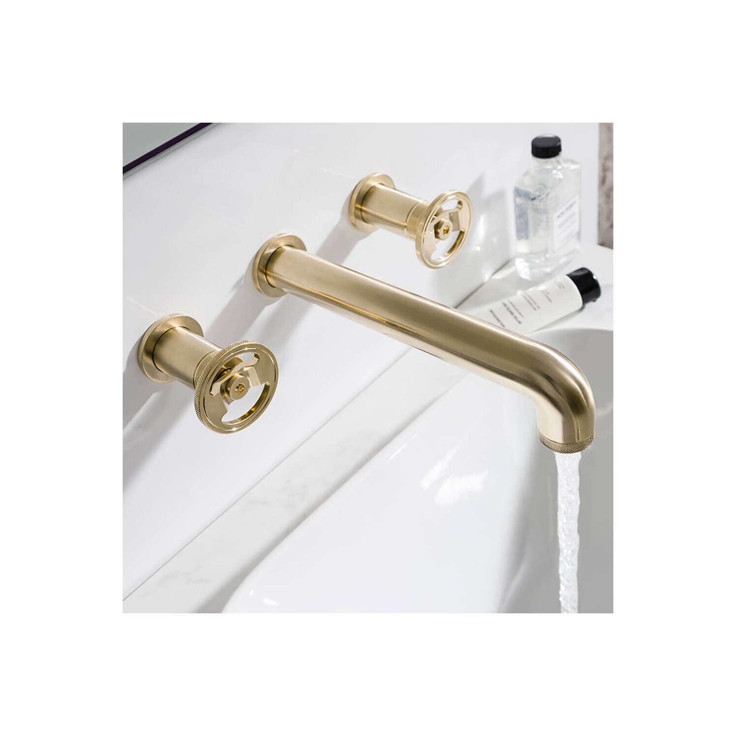 Crosswater Union 3 Hole Wall Mounted Basin Mixer Tap with Wheels - Brushed Brass