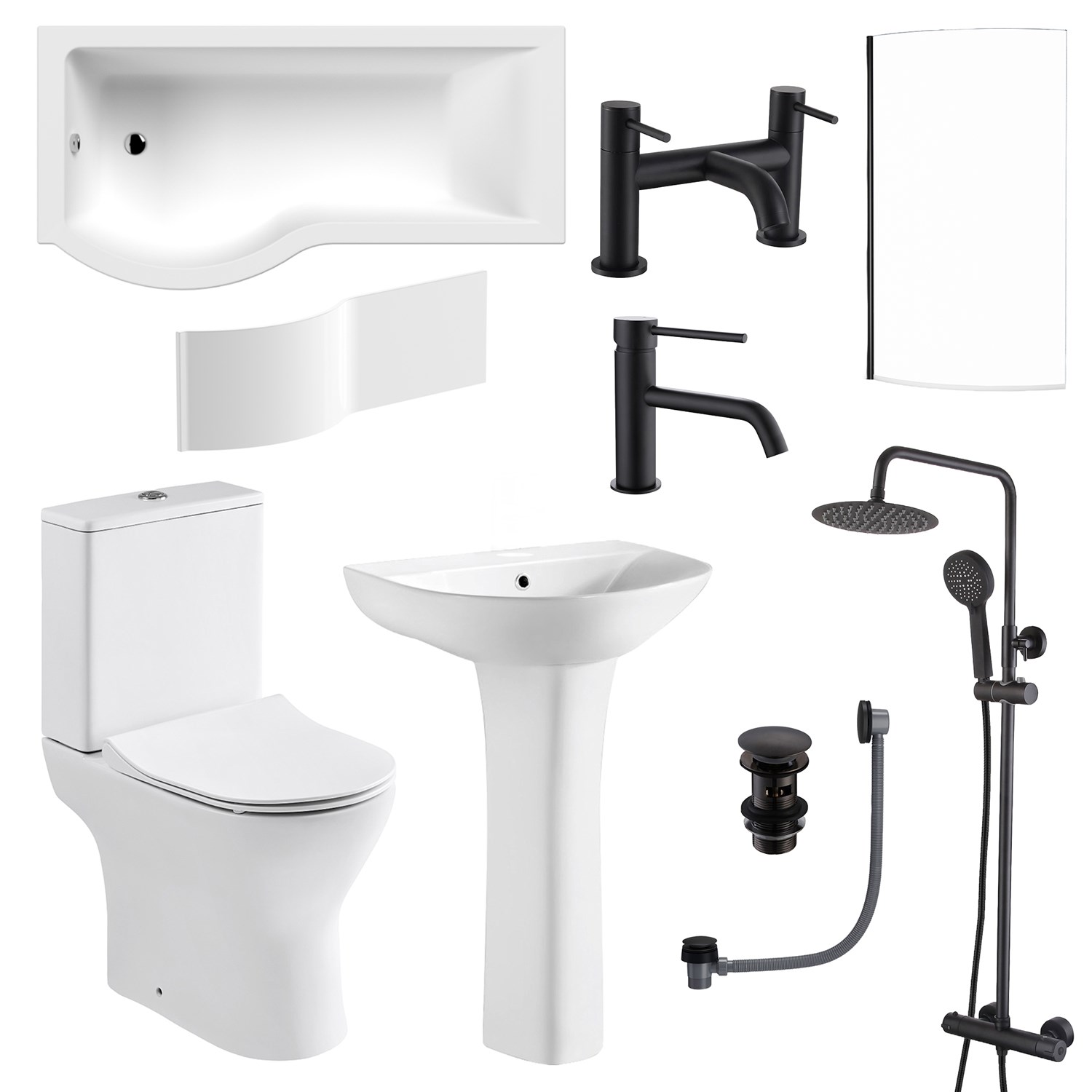 Harbour Acclaim Complete Matt Black Bathroom Suite with 1700mm P Shaped Shower Bath &