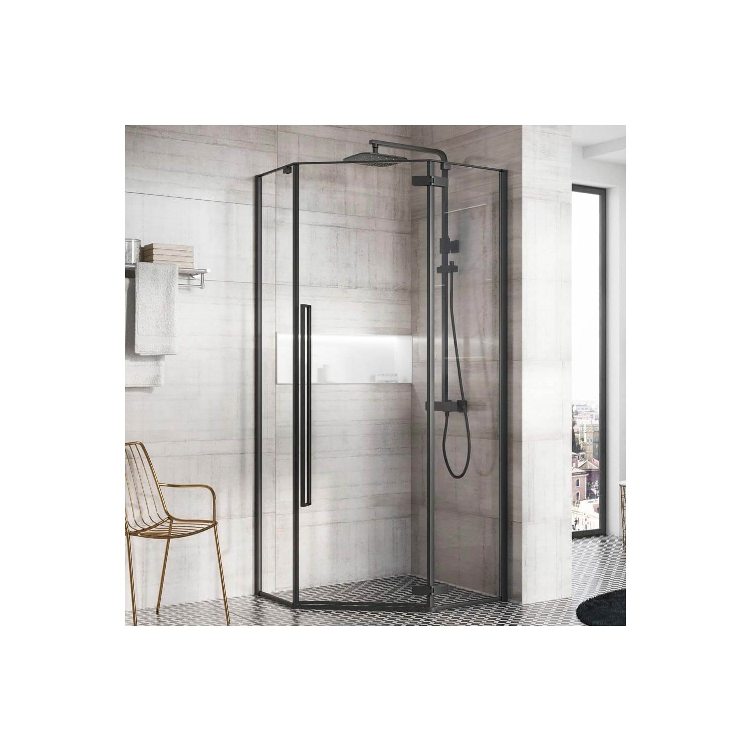 Harbour Icon Matt Black 8mm 2m Tall Easy Clean Pentagonal Pivot Shower Enclosure - 900 x