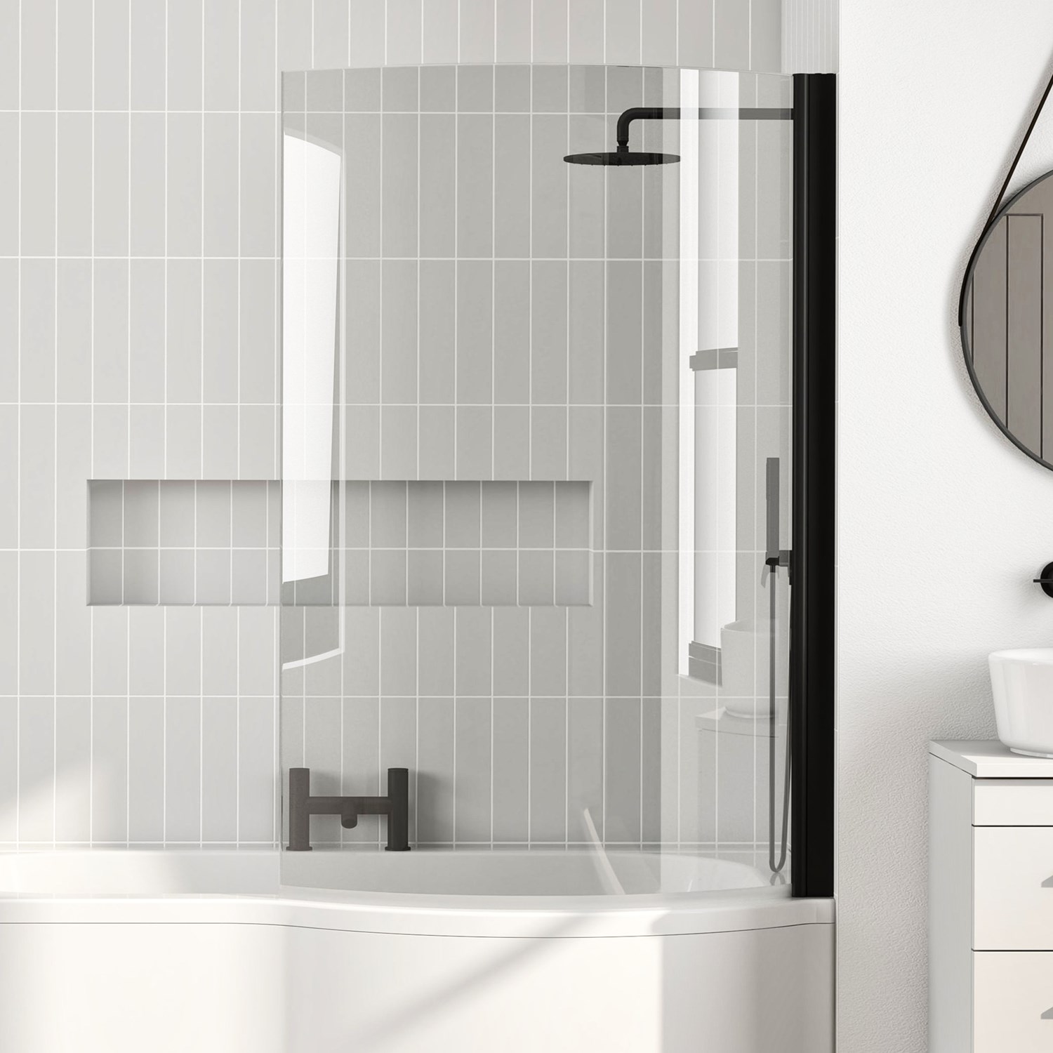 Vellamo City Curved Matt Black Hinged P-Bath Screen - 1433 x 700mm | Drench