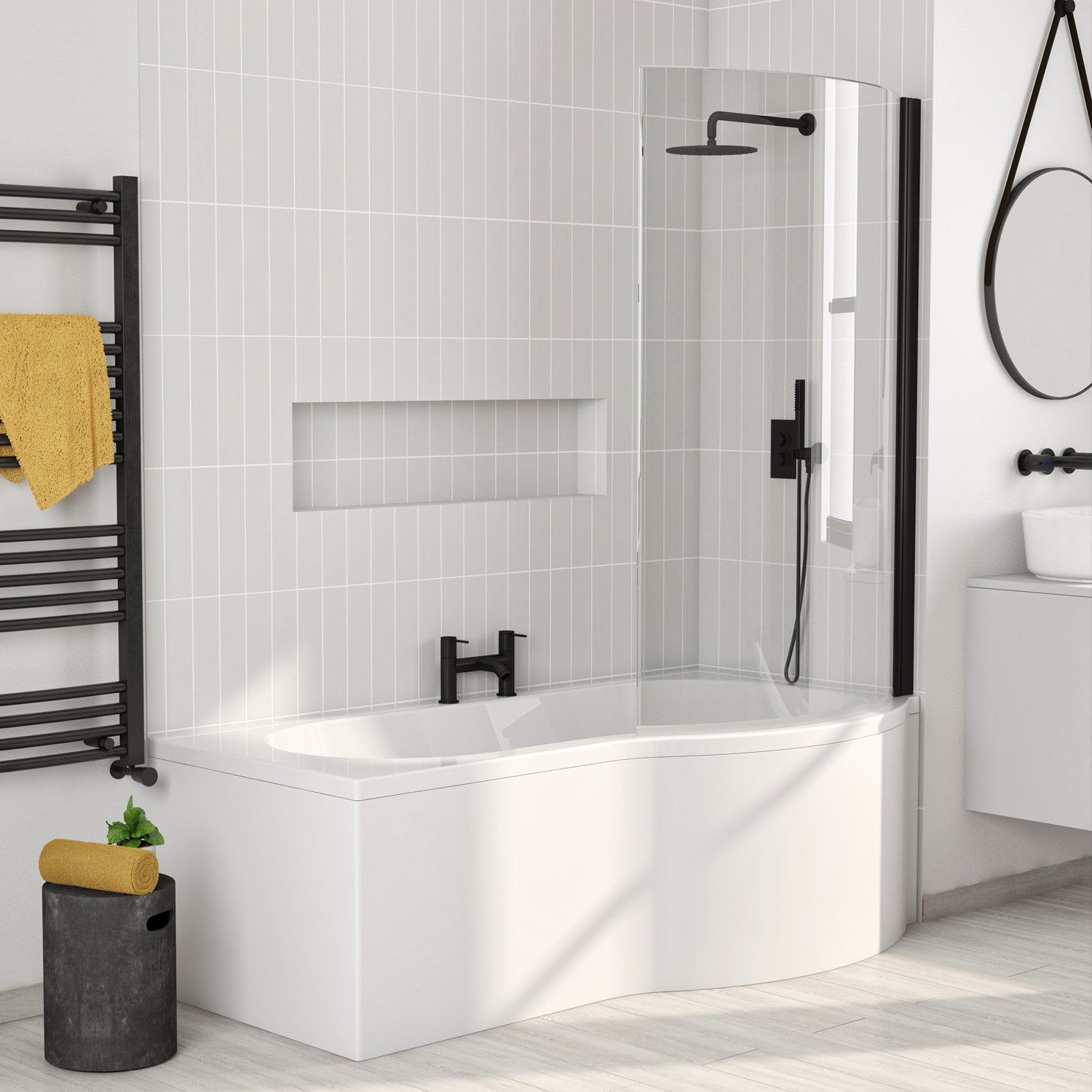 P Shaped Shower Bath Matt Curved Shower Screen & Panel 1700mm