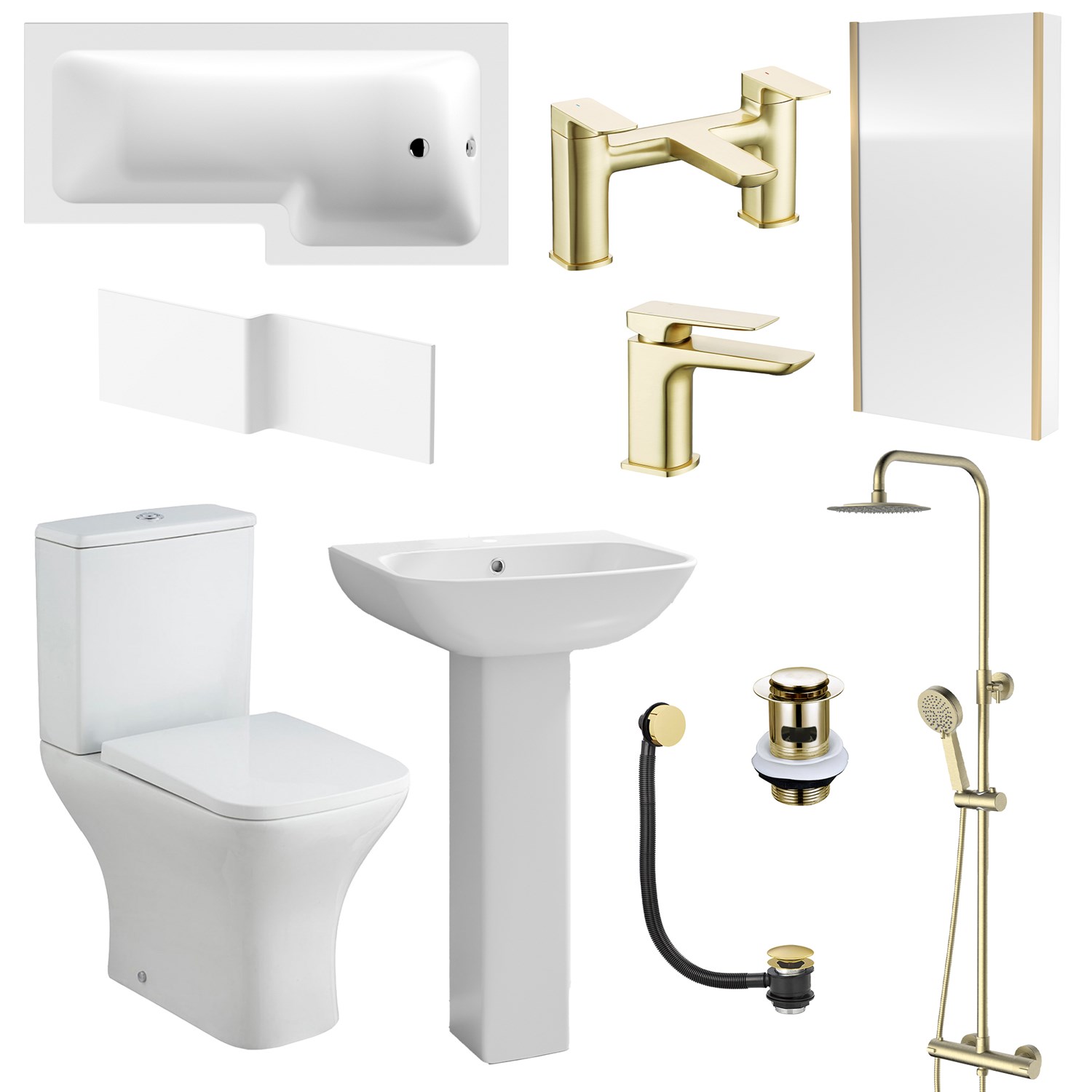 Emily Complete Brushed Brass Bathroom Suite with 1700mm L Shaped Shower ...
