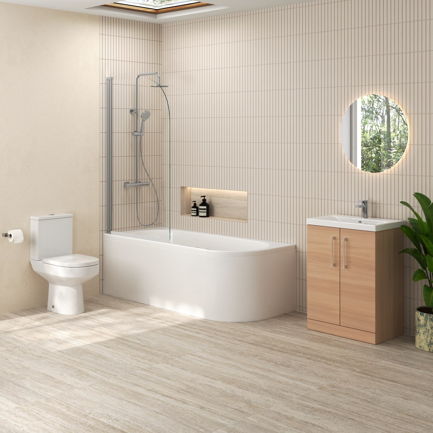 Erin Modern Shower Bath Suite with 1700mm J Shaped Bath & Rimless Toilet