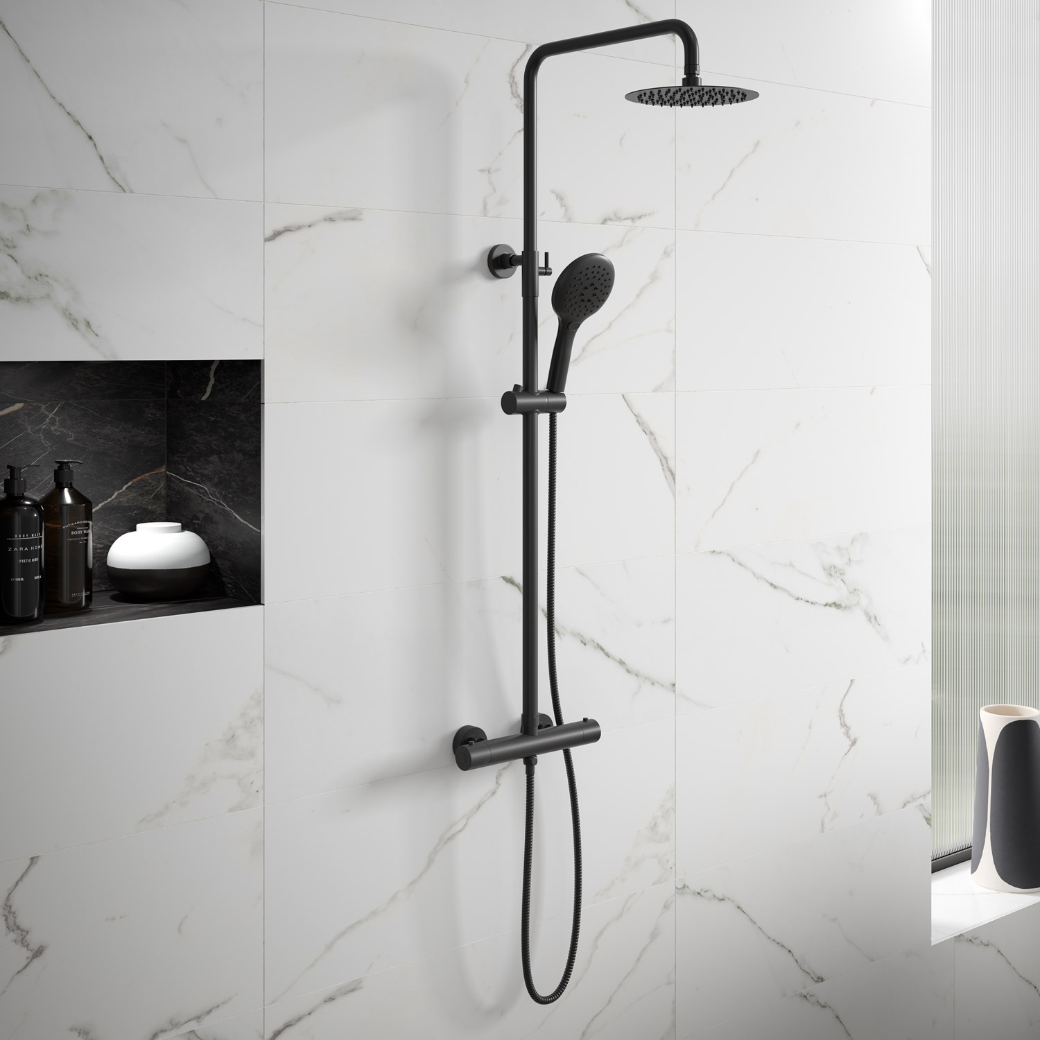 Drench Noir Matt Black Round Exposed Height-Adjustable Rigid Riser Rail Shower System