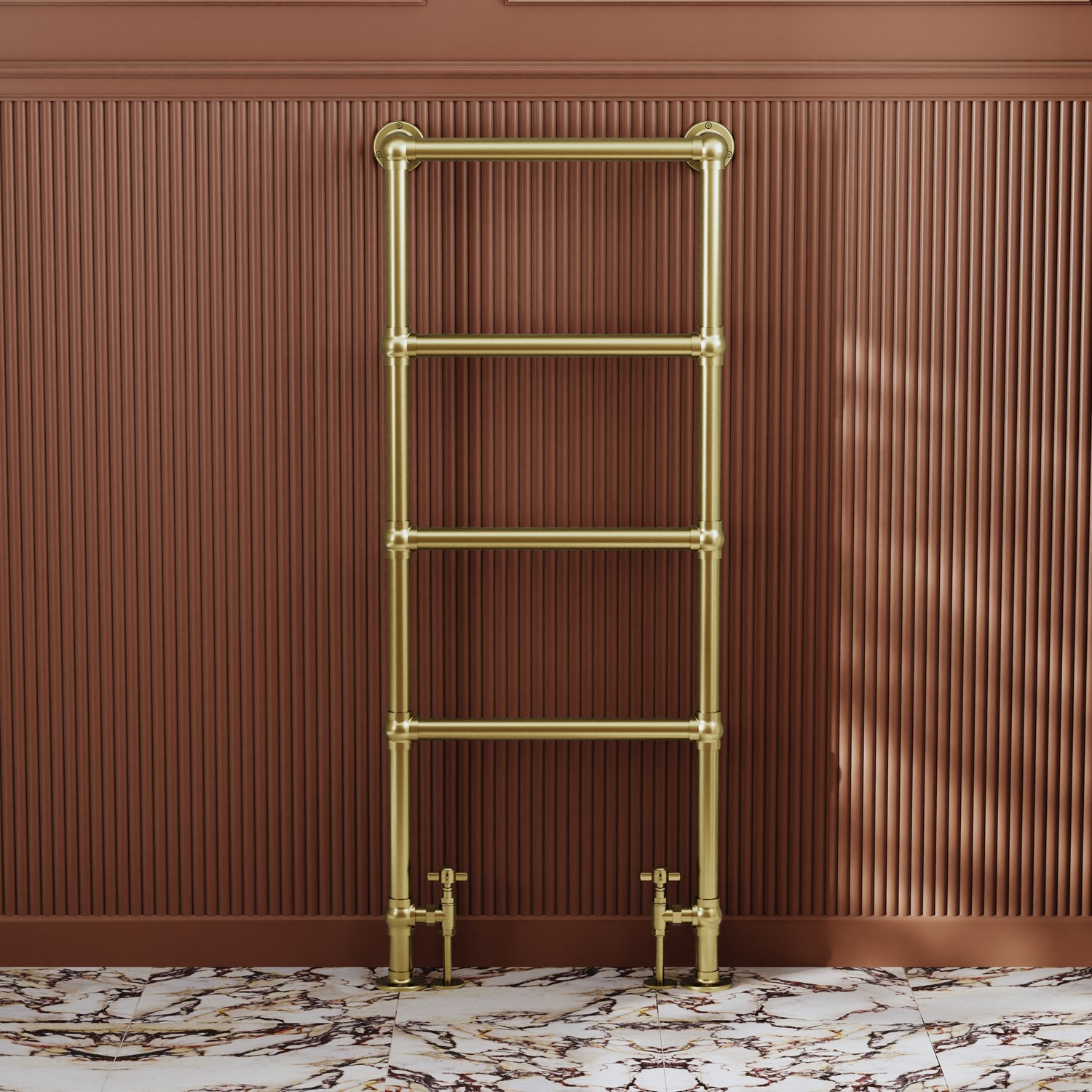 Toasty Merrin Brushed Brass Floorstanding Traditional Heated Towel Rail - 1195 x 500mm