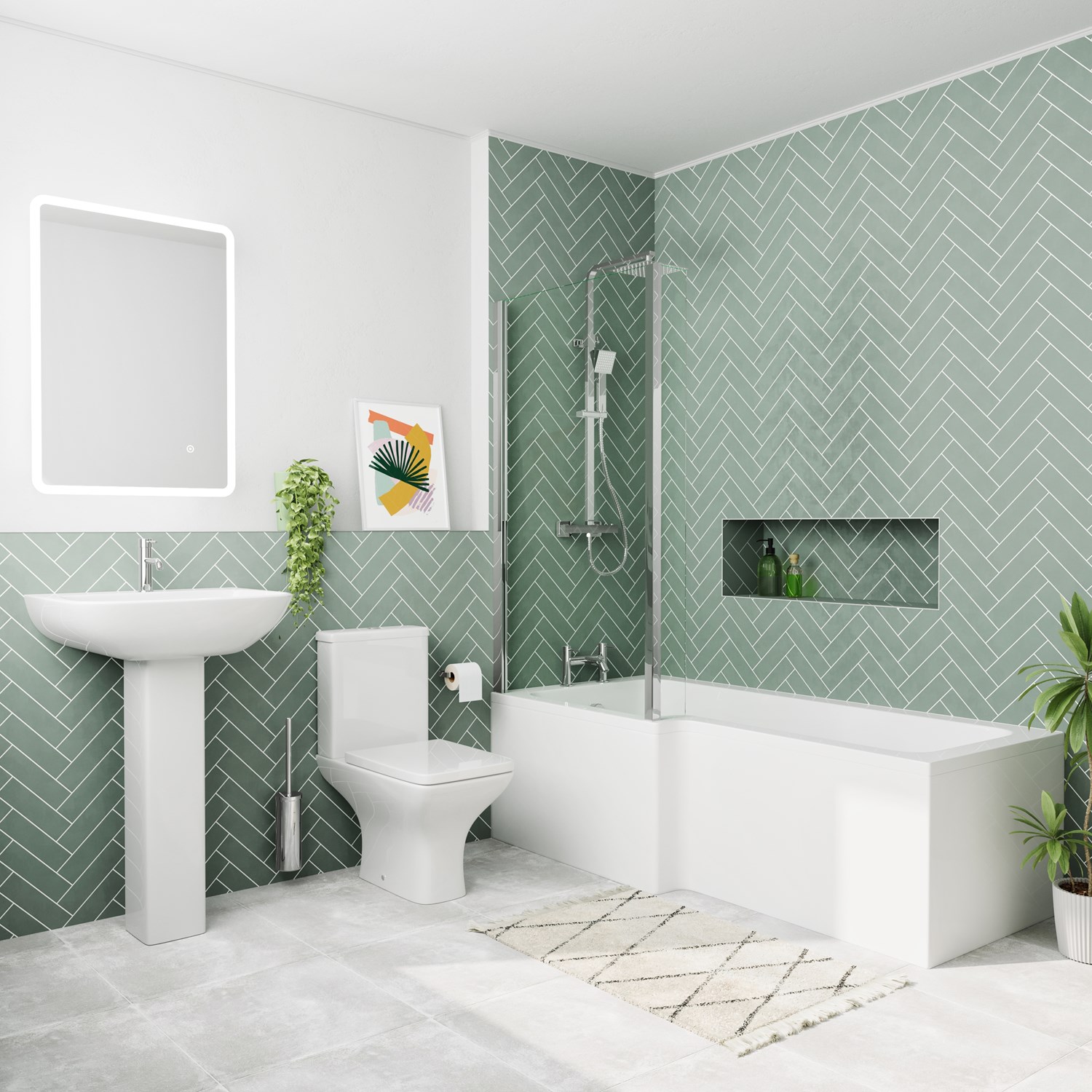 Emily Modern Shower Bath Suite 1700mm L Shaped Bath & Rimless Toilet