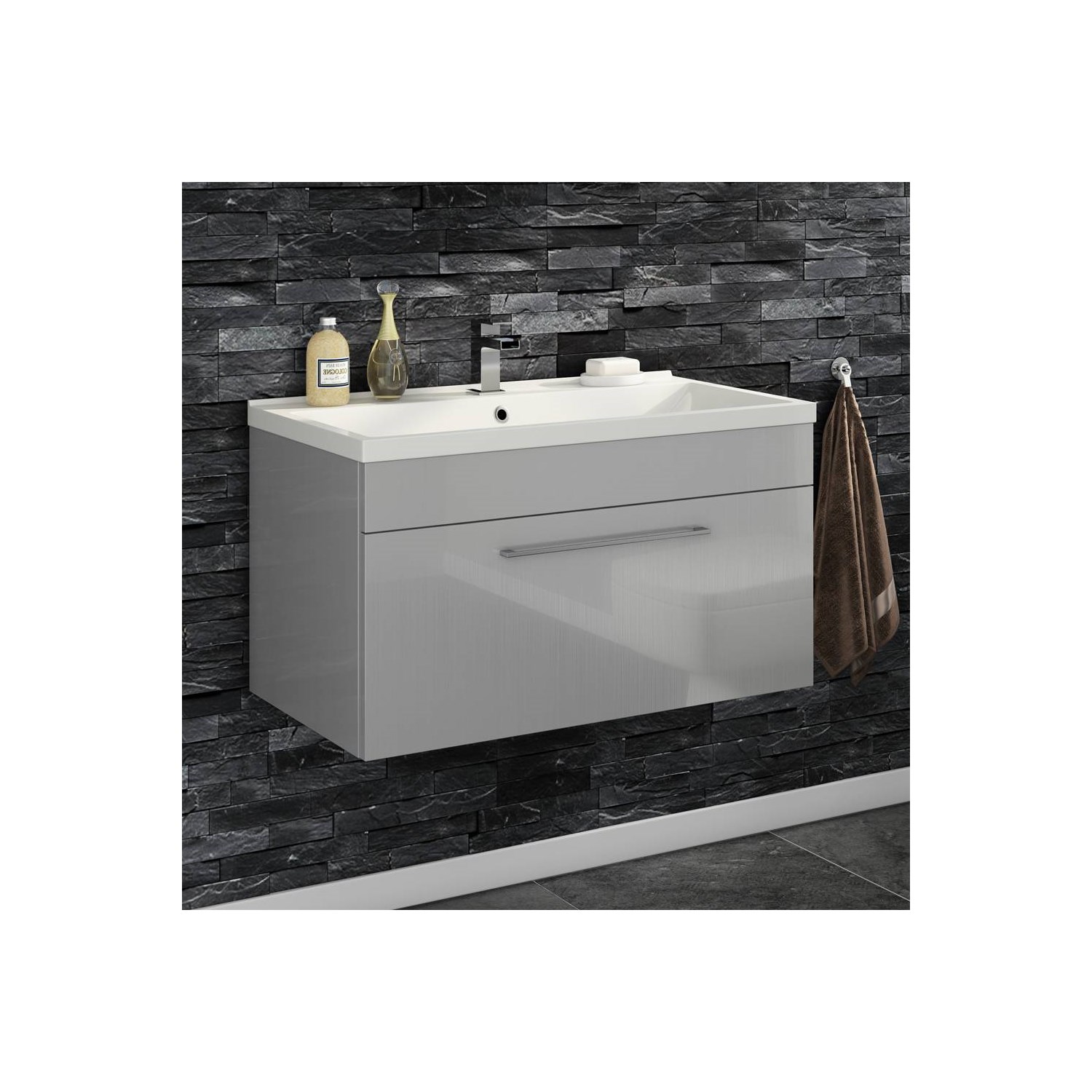 Vellamo Aspire 800mm Wall Mounted 1 Drawer Vanity Unit & Basin - Gloss Grey