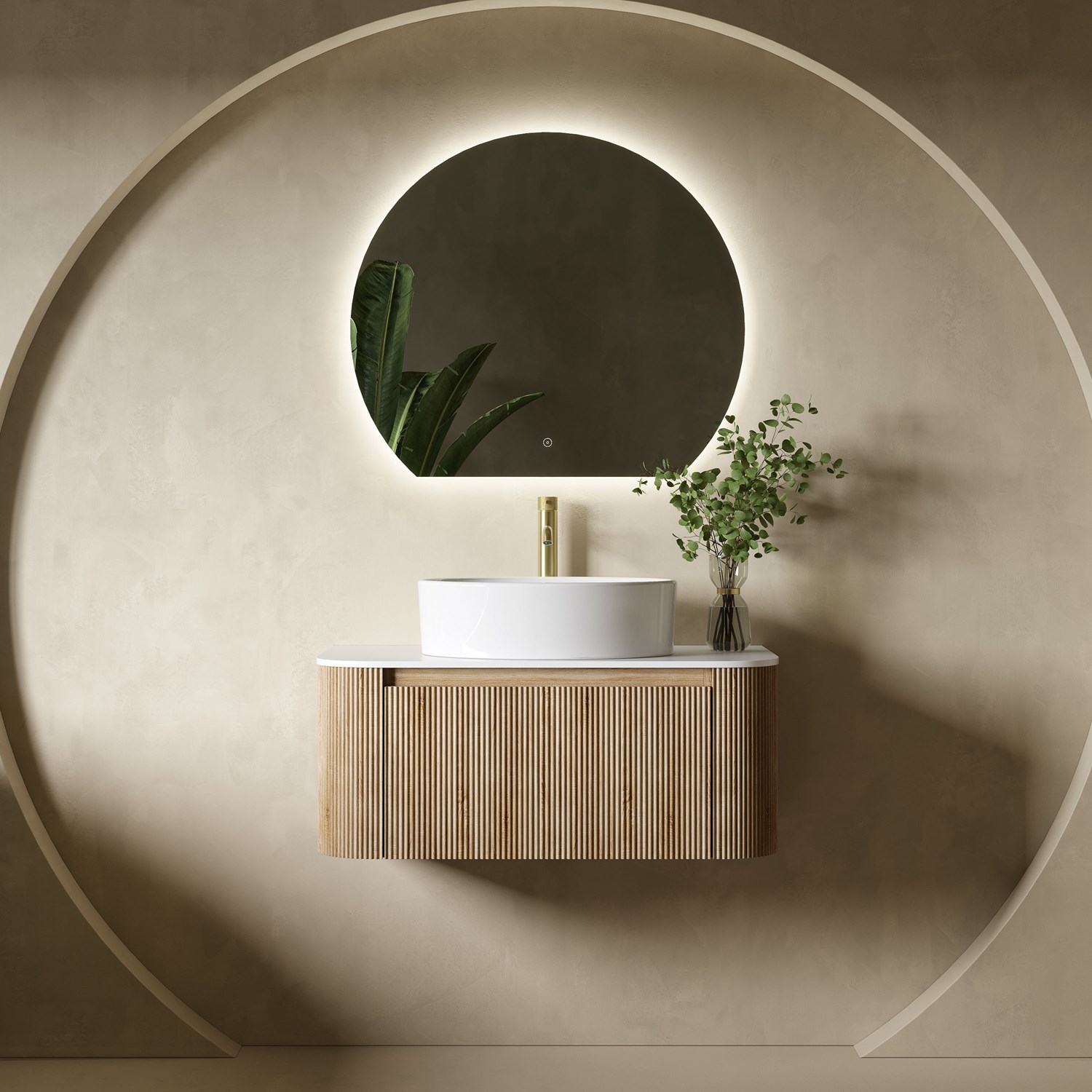 Drench Groove 870mm Fluted Wall Hung Curved Vanity Unit with Sintered Stone Countertop