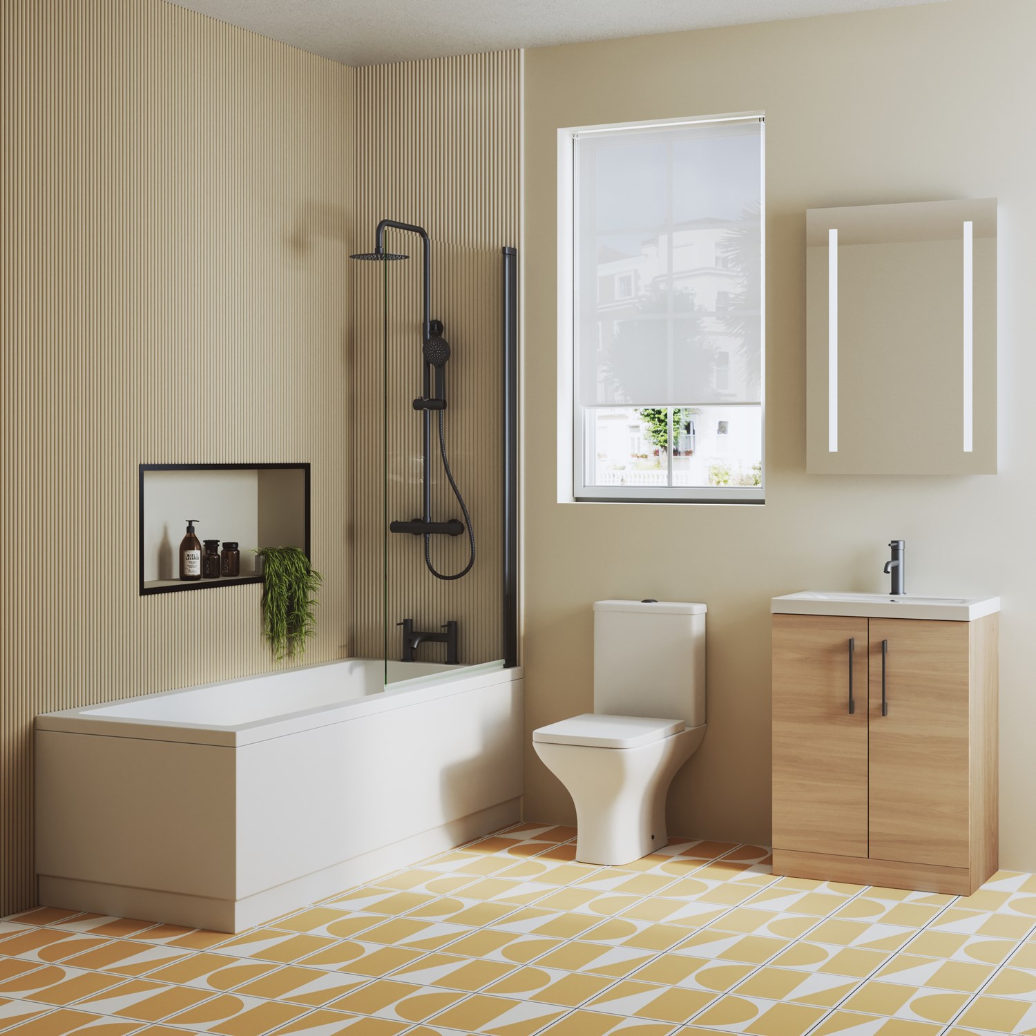 Erin Matt Black Reinforced Shower Bath Suite with Rimless Toilet