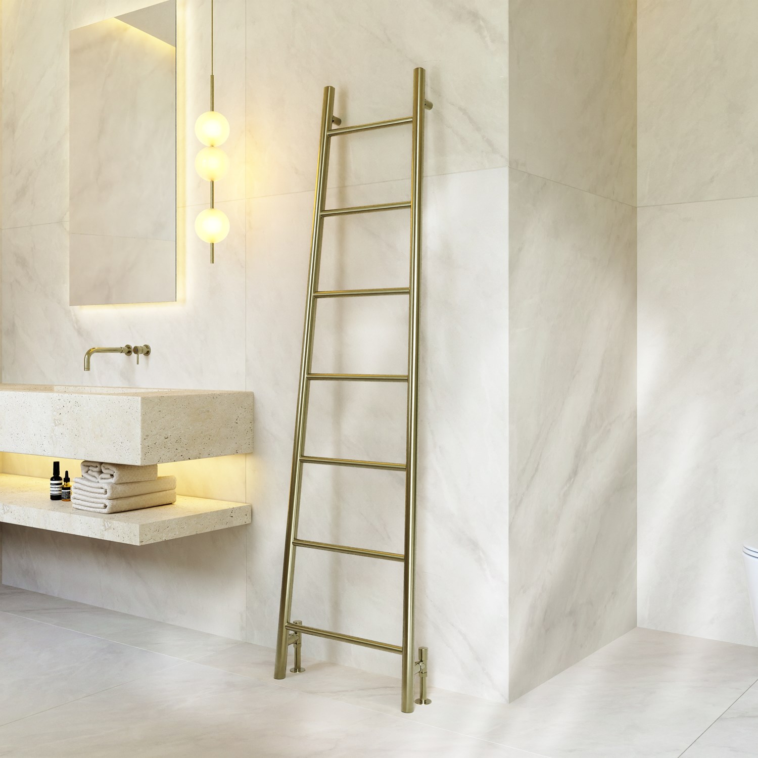 Toasty Oblique Brushed Brass Leaning Ladder Heated Towel Rail - 1800 x 500mm
