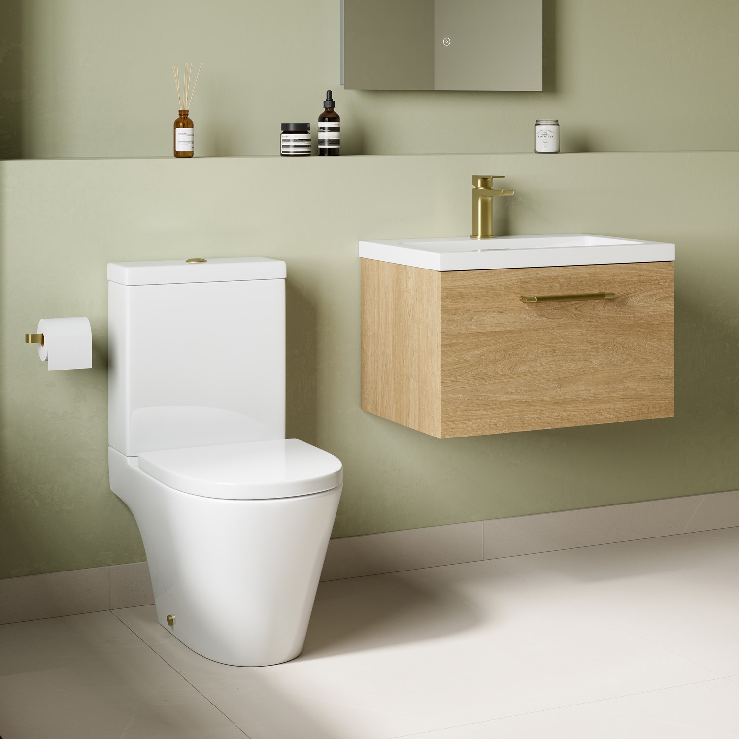 Freddie Rimless Toilet & Vanity Unit Bathroom Suite Brushed Brass Handles