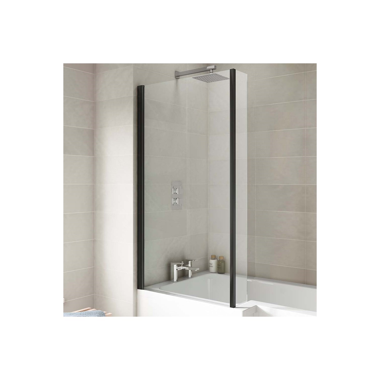 Vellamo City 6mm Matt Black Square Corner Hinged Bath Screen With Fixed Return - 1430 x
