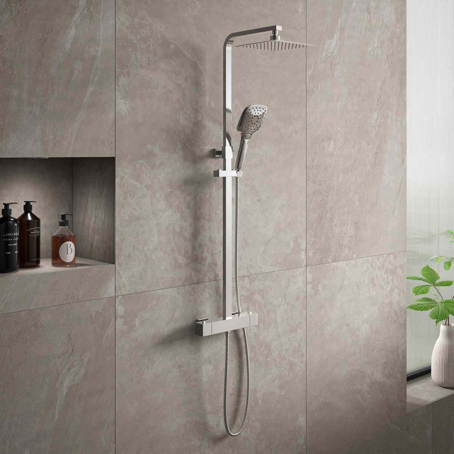 Drench Square Telescopic WRAS-Approved Thermostatic Rigid Riser Shower Set with Slim Head