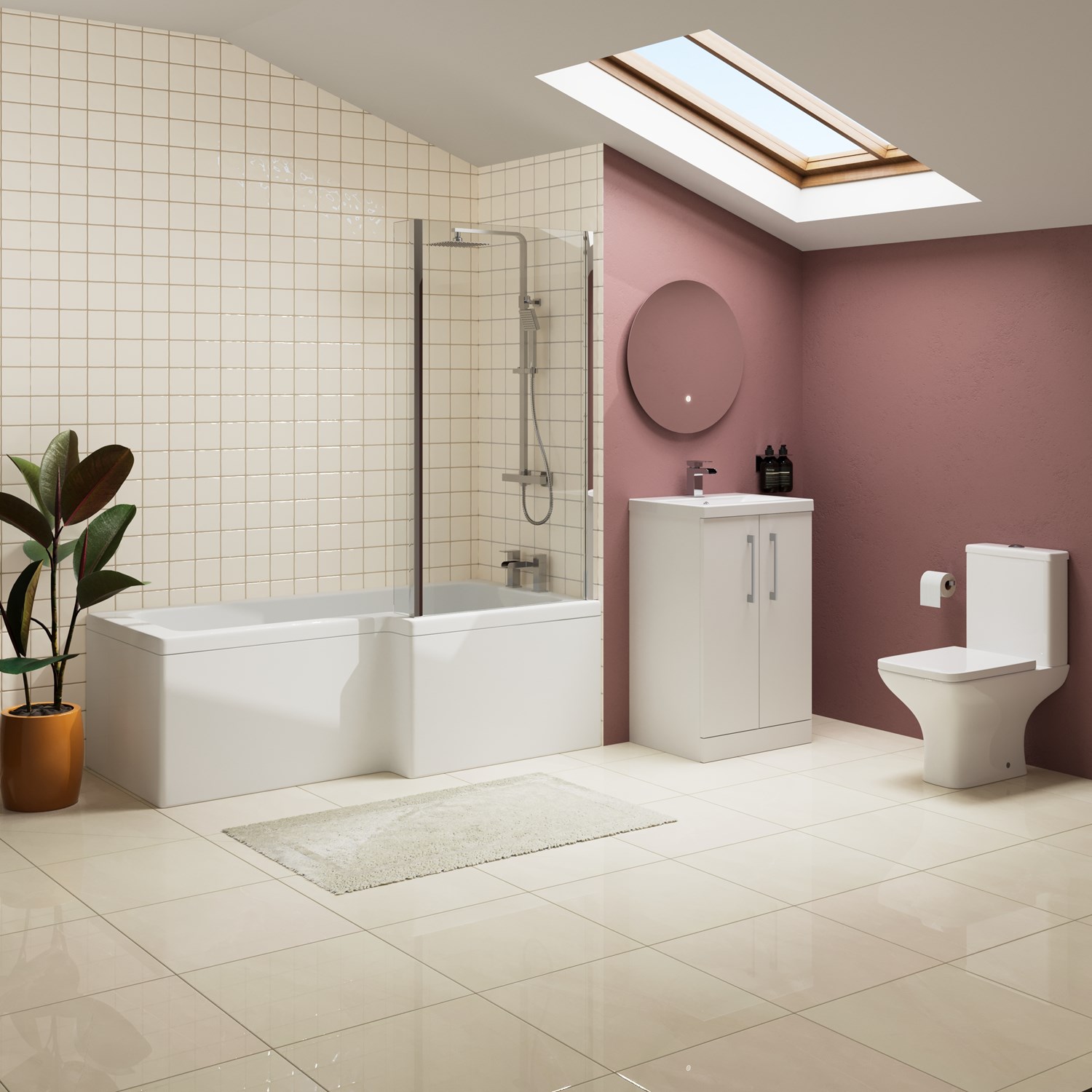 Erin Complete Bathroom Suite 1700mm L Shaped Shower Bath & Rimless Toilet