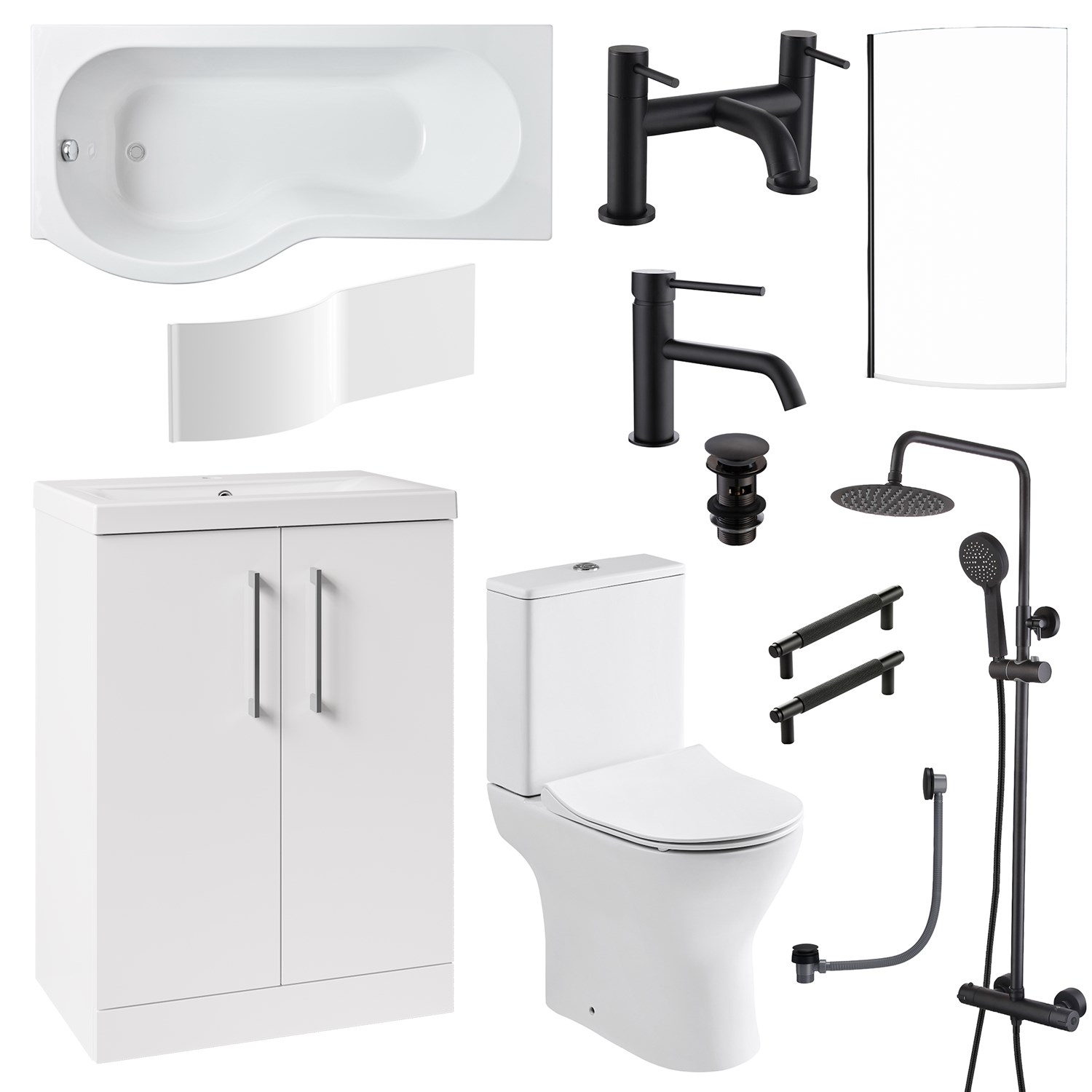 Erin Complete Matt Black Bathroom Suite with 1700mm P Shaped Shower ...