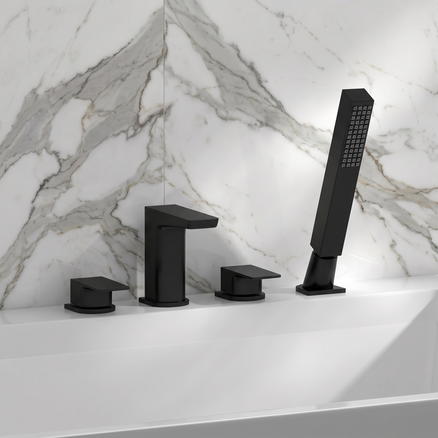 Harbour Status Matt Black 4 Hole Bath Mixer with Pull Out Handset
