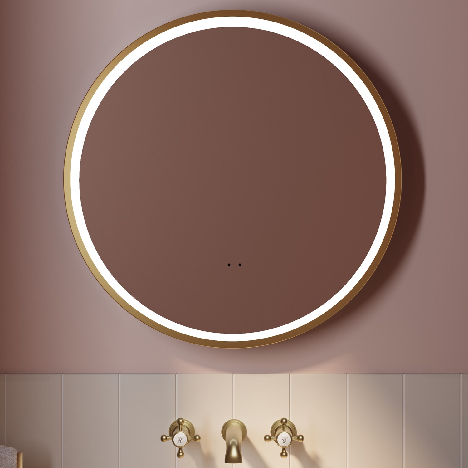 Isla LED Illuminated Round Brushed Brass Framed Mirror Demister Pad & Change LEDs 600mm